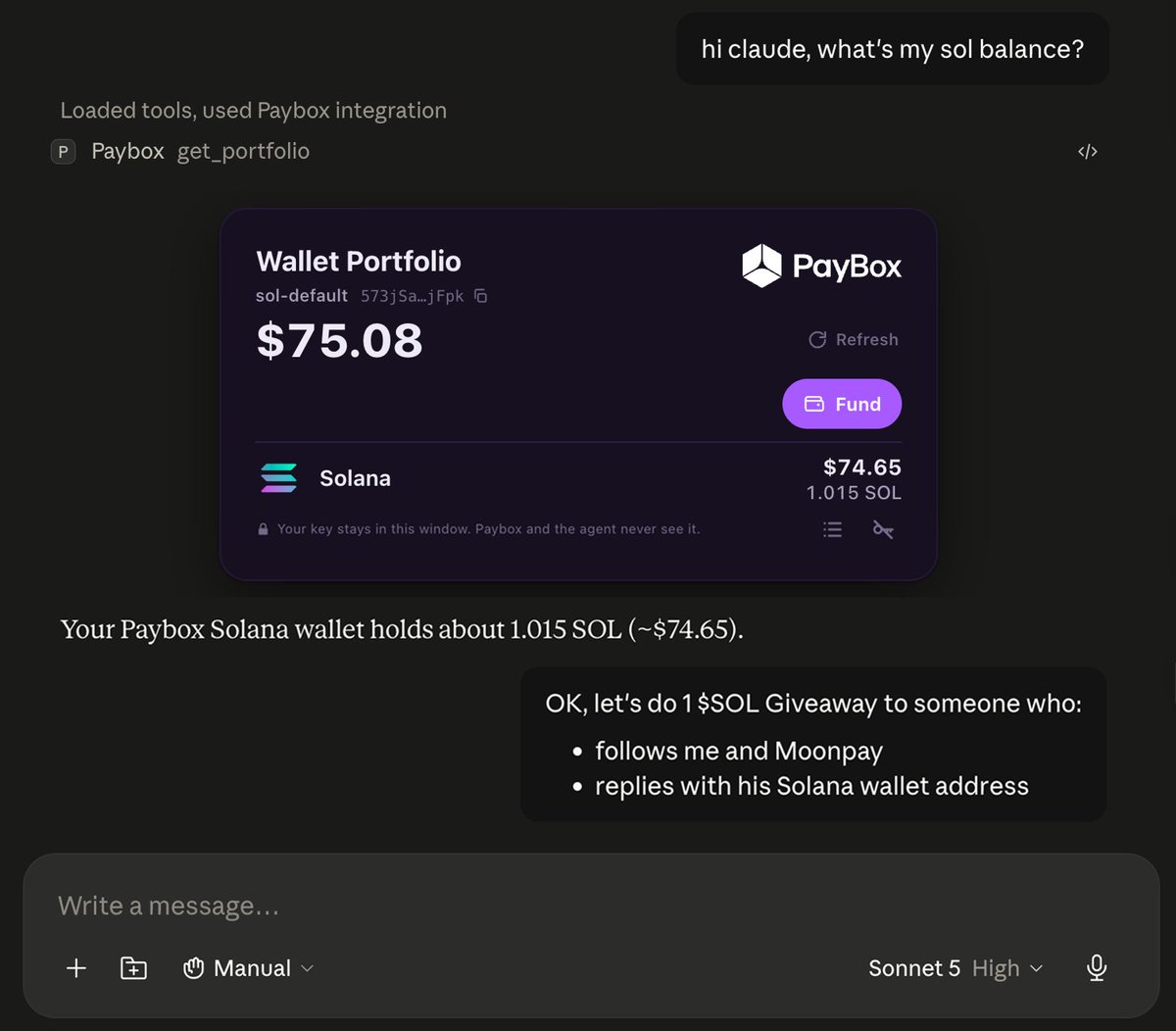 inno_sol's tweet photo. ok i'll be giving away 1 SOL using Paybox 🤖 (moonpay's new non-custodial wallet for Claude/ChatGPT)

> follow @inno_sol and @moonpay 
> reply to this post with your Solana wallet address 

Claude will choose the lucky winner, 24h 🕺🎁