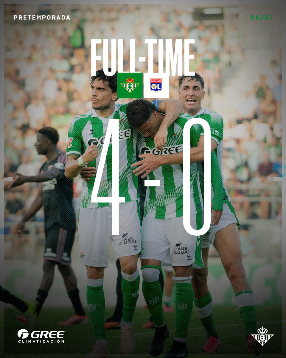 RealBetis's tweet photo. ¡Final del partido en La Línea con una contundente victoria sobre el Olympique de Lyon! 💪💚

#DíaDeBetis #RealBetisOL https://t.co/A0xAuYMWWk