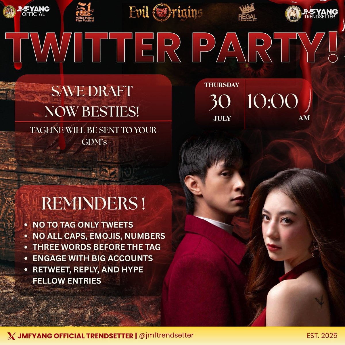 jmftrendsetter's tweet photo. 𝐓𝐑𝐄𝐍𝐃𝐈𝐍𝐆 𝐏𝐀𝐑𝐓𝐘 𝐀𝐋𝐄𝐑𝐓!

Hey besties! Our Twitter Party kicks off at 10:00 AM later!

TP GUIDELINES:
-NO ALL CAPS, EMOJIS, NUMBERS
-THREE WORDS BEFORE THE TAG
-ENGAGE WITH BIG ACCOUNTS
-LIKE-REPLY-REQUOTE-REPOST

Check your GDMs for the official tagline or give us a DM if you haven’t received them yet.

See you 💛✨ #JMFyang
