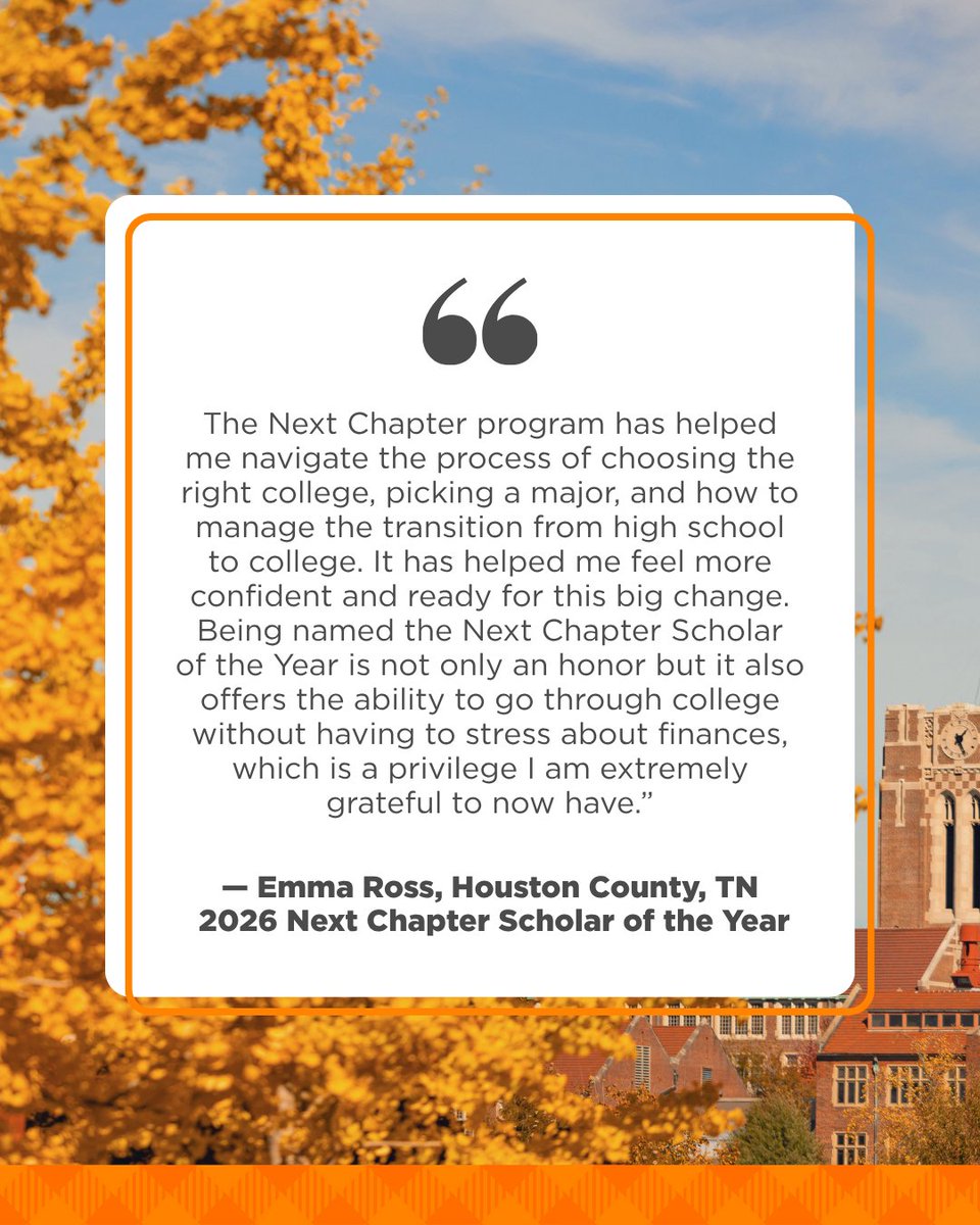 UT_Admissions's tweet photo. Congratulations to Emma Ross, our Next Chapter Scholar of the Year!

First-year students who graduate from a TN high school + complete the Next Chapter Program by 5/30 of senior year earn the Next Chapter Scholarship, with one student named the Next Chapter Scholar of the Year. https://t.co/sZrLXSZyuD