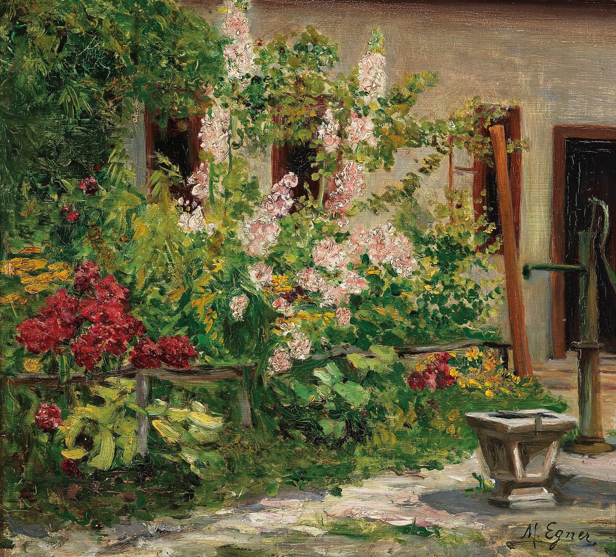 AnaLolaNeva's tweet photo. Marie Egner (1850–1940) 
"Front garden with blossoming hollyhocks" https://t.co/xafgYupVR9
