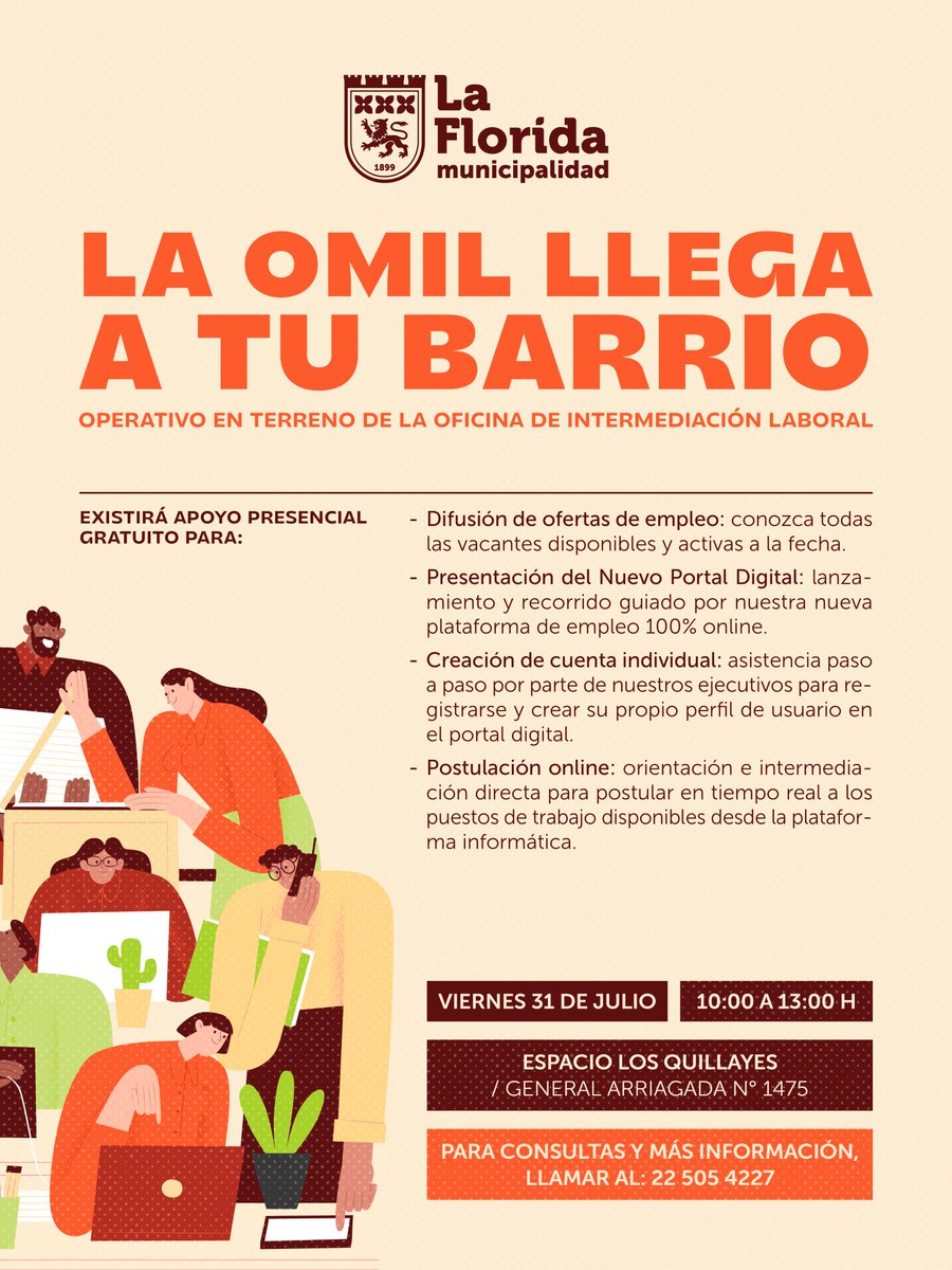 MuniLaFlorida's tweet photo. 💚¡La Omil llega a tu barrio! podrás: 
✅ Conocer todas las ofertas de empleo vigentes.
✅ Descubrir nuestro nuevo Portal Digital de empleo 100% online y mucho más!
 
📆 Viernes 31 de julio
🕣 10:00 a 13:00 horas
📍 General Arriagada N 1475

La Florida #CadaVezMejor 💚 https://t.co/hlInltpsbC