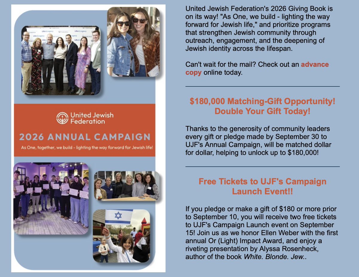 ujf_stamford's tweet photo. The 2026 #UJF Giving Book is here! 💙
See the difference your support makes and how, #AsOne, we’re building a stronger #Jewish community.
🔗 To make a gift, visit https://t.co/VS2gX1VFdm, or to make a pledge, visit https://t.co/zhxAcggRCn. https://t.co/MoMmWpDao6