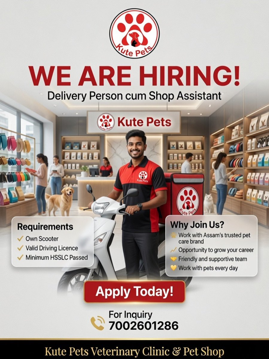 kutepetsassam's tweet photo. 🚨 We're Hiring!
Delivery Person cum Shop Assistant (Male)
Approximate salary including incentives &amp; allowances.
Requirements: ✔ Own Scooter ✔ Valid Driving Licence ✔ Minimum HSSLC Passed
📍 Guwahati
📞 7002601286
#Hiring #Jobs #Guwahati #AssamJobs #KutePets #JobOpening https://t.co/vInqRB4WXn