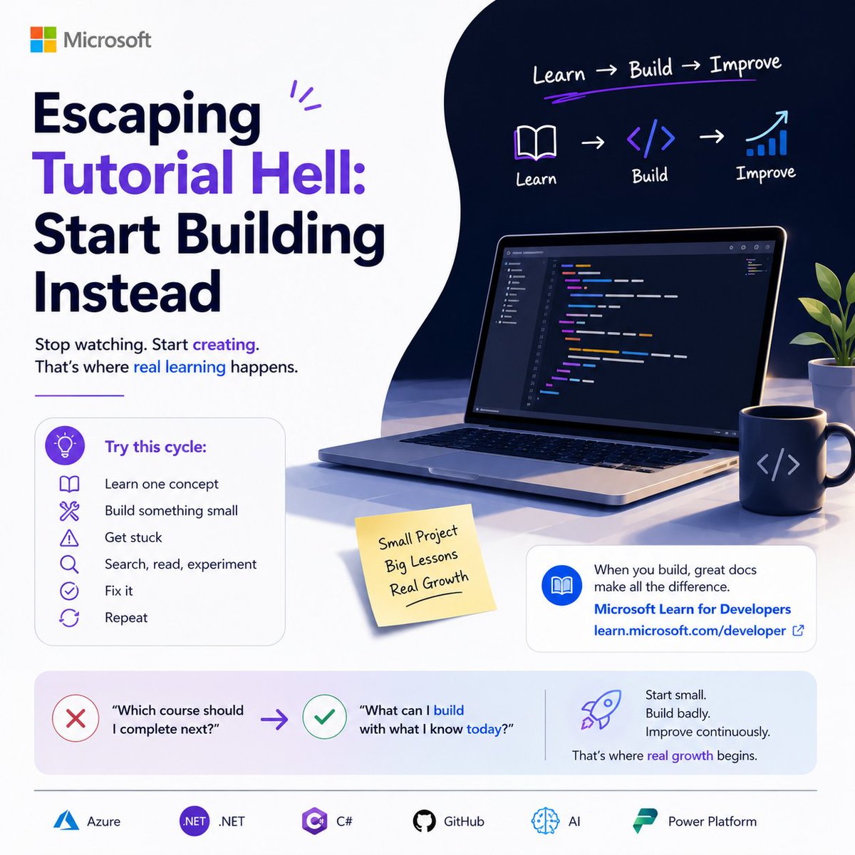 icxnicAF's tweet photo. Escape tutorial hell by building.

Learn → Build → Get stuck → Read docs → Fix → Repeat 🔁

Stop asking, “What course should I take next?”
Start asking, “What can I build today?” 💻

📚 Microsoft Learn:
https://t.co/rndaHRDoS8

#MicrosoftLearn #LearnToCode #BuildInPublic https://t.co/UH8B2K430t