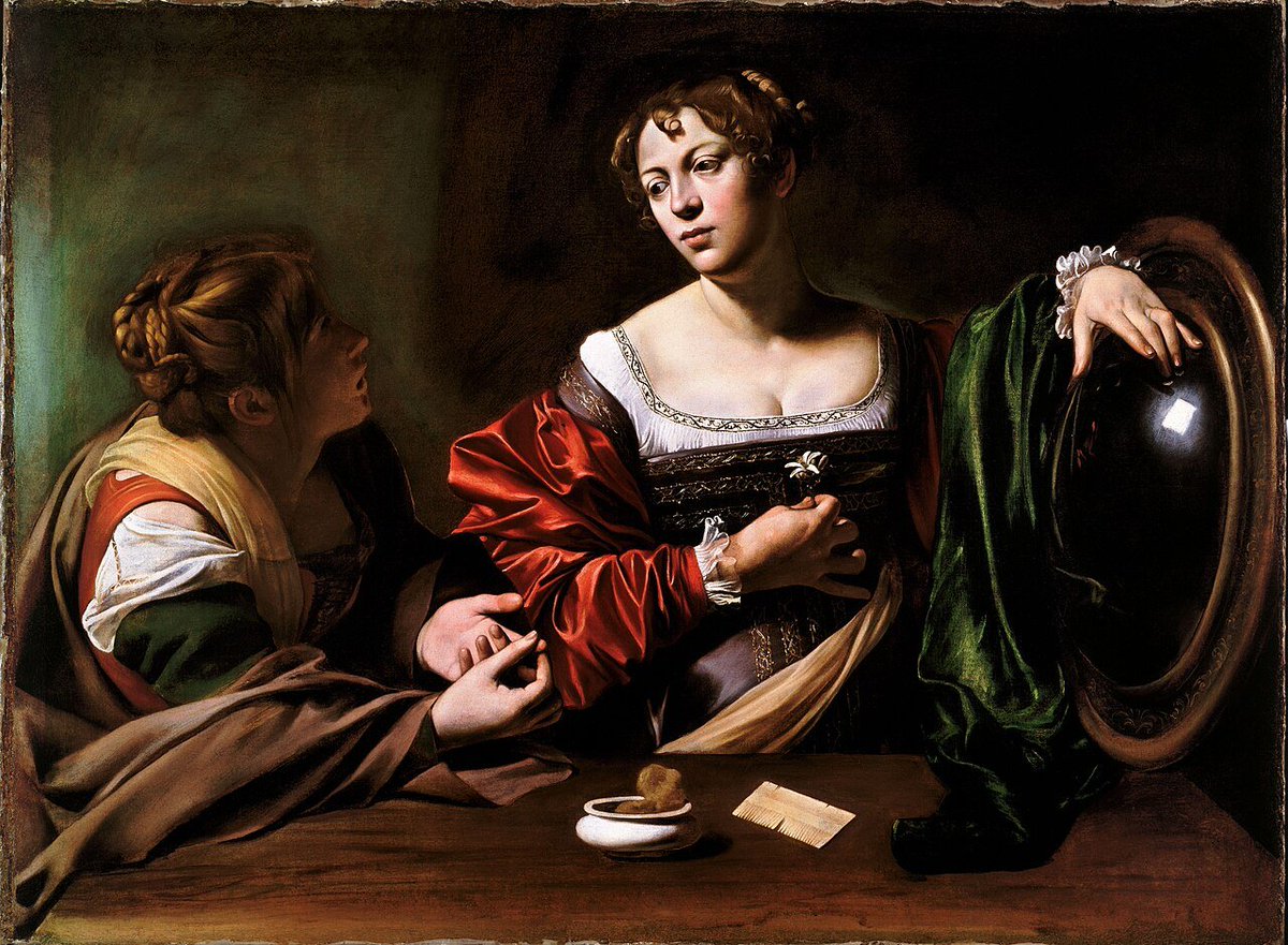 roberto00974930's tweet photo. Marta y María Magdalena. Caravaggio.1598.
Óleo sobre lienzo barroco italiano.

Característica luz dramática y juego con el espejo convexo, ambos caravagiescos.
Naturalismo,lenguaje en posición dedos y objetos.
Intelectualismo simbólico global.

#29julio #santamarta #arte #pintura https://t.co/Xz8MmKvgT0