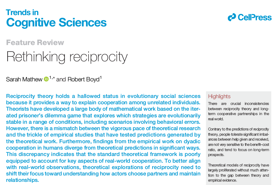 TrendsCognSci's tweet photo. Rethinking reciprocity

Feature Review by Sarah Mathew &amp; Robert Boyd
Free access before August 26: https://t.co/UuTaE6kZ9m https://t.co/RHpdOwDHml