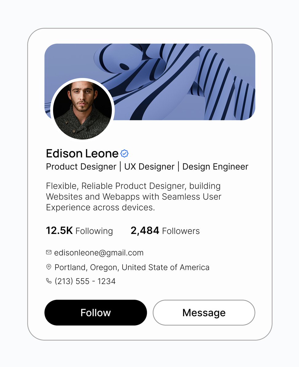 ArchitectInTech's tweet photo. My @TechCrushHQ exercise assigned to me by my mentor @JoshOpaleke   
Designed a profile card with a focus on using grids layout principles, usability, visual hierarchy, and clean spacing, keeping the experience simple and intuitive.

#UIUX #MobileDesign #Figma #UIDesign https://t.co/8C5w6bOuaq