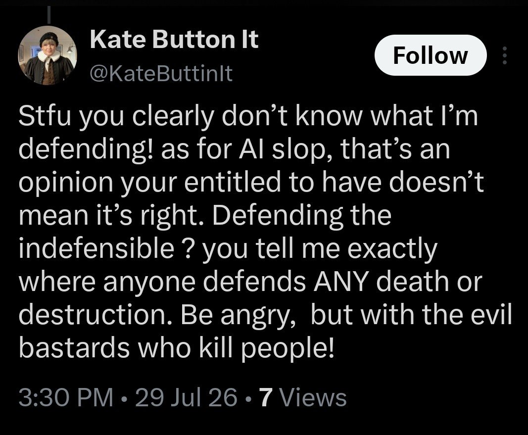 WasYa475's tweet photo. #KateButtonIt: "you tell me exactly where anyone defends ANY death or destruction." The answer: inside the literal lyrics of the song ur protecting! 🤣

"Stfu you clearly don’t know what I'm defending!"proves her peaceful persona is a lie.
@BoyGeorge @OtherBoyIsBack 
#BoyGeorge https://t.co/ApR0oVxwpE