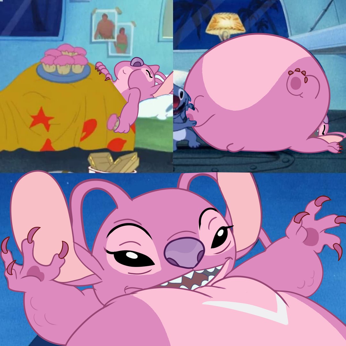 ExtraFredella's tweet photo. for some reason this days I've been thinking on making redraws of that episode where stich gains weight but replacing it with angel... here you go https://t.co/NzJveegUdJ