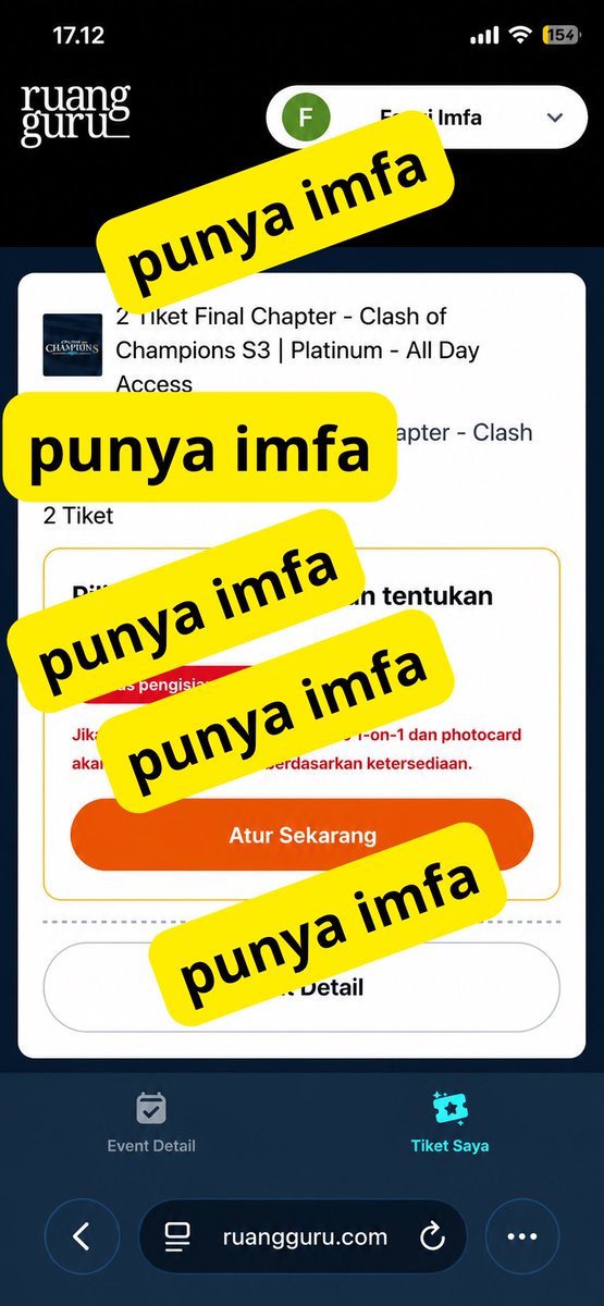 masjifa's tweet photo. @sallvazhrah Assalamualaikum 
Wts PLATINUM All Day Access
2 tiket harga web 1.050.000/tiket
All prof tiket pribadi.
Kalo mau Cod bisa area gn sindur parung kab bogor
TerimKasih https://t.co/FWVmnJyRM7