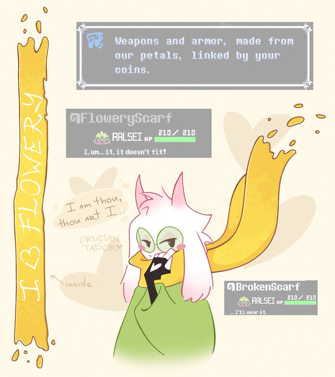 crucian_tador's tweet photo. I have so many thoughts about this scarf..
#deltarune #flowsei #ralsei #flowery 🌼🧣 https://t.co/F1rT9d66Bk