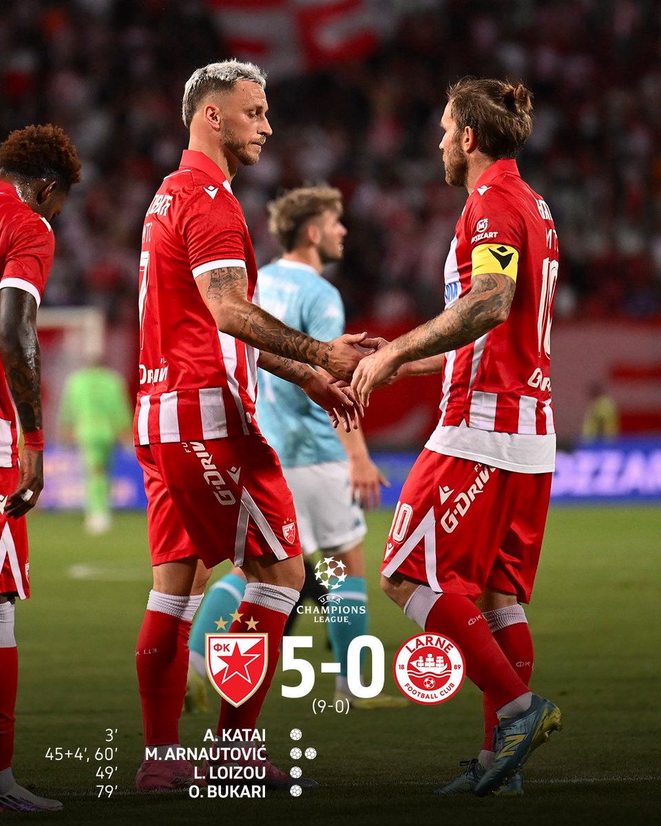 FSSrbije's tweet photo. 👏🏻🇷🇸 Црвена звезда је убедљиво савладала Ларн и у Београду за пласман у треће коло квалификација за Лигу шампиона, где ће се састати са израелском екипом Хапоел Бер Шева. 

#FKCZ • #UCL https://t.co/fIngPwFb9T