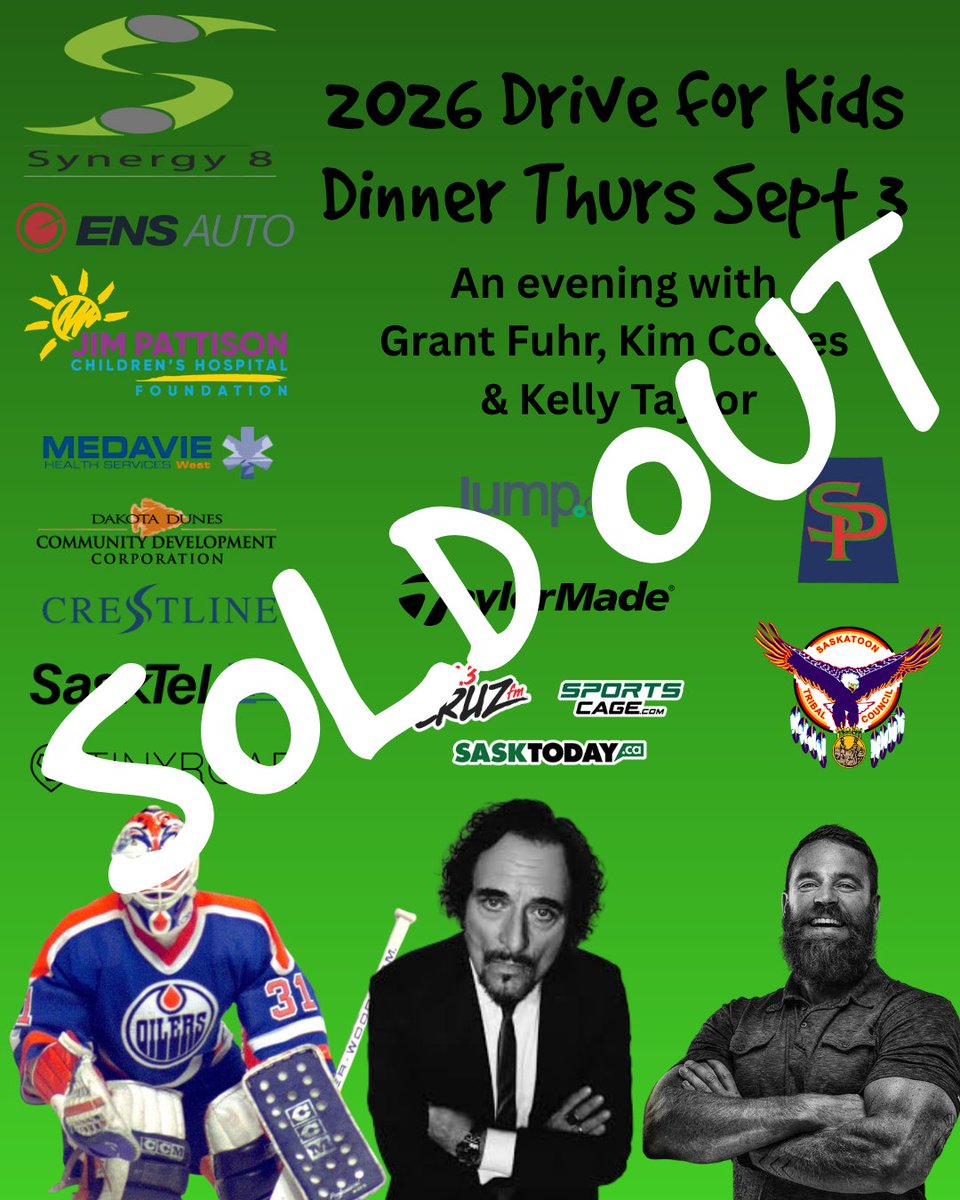 8_synergy's tweet photo. SOLD OUT-tables for the 17th Annual Drive for Kids Dinner have been claimed! Massive THANKS to our community! Every ticket sold brings us closer to funding a peds ambulance for Saskatchewan's kids!
It will be an amazing evening with @grantfuhr, @KimFCoates, and @TicTaylor https://t.co/rkCHGxX27e