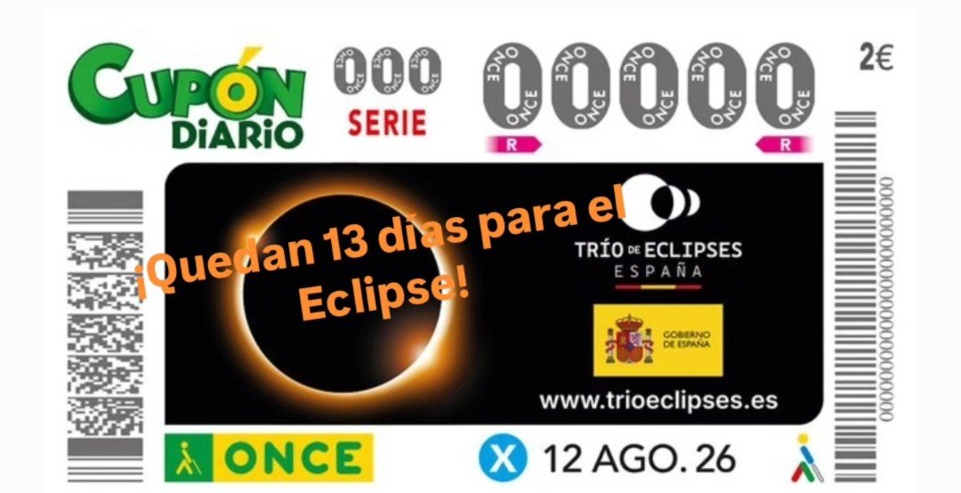 S_Abella's tweet photo. Desde hoy la ONCE repartirá gratuitamente dos millones de gafas de eclipse. Una unidad con la compra de cada cupón para el sorteo del día 12 de agosto, que la ONCE dedicará al eclipse. #eclipse2026 #eclipsetotal https://t.co/qyUktCDg1F