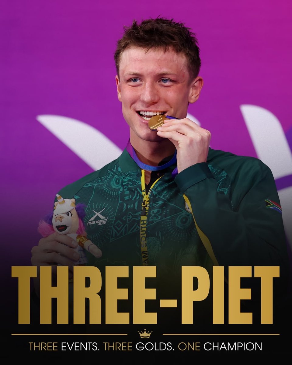 GovernmentZA's tweet photo. 🇿🇦🔥

Pieter Coetzé has rewritten the history books once again! His sensational 51.77 in the Men's 100m Backstroke Final set a new African Record and a new Commonwealth Games Record, earning him his third medal of #Glasgow2026. 🥇

#TeamSA [Photo: Team South Africa] https://t.co/Hcz4CGhfbW