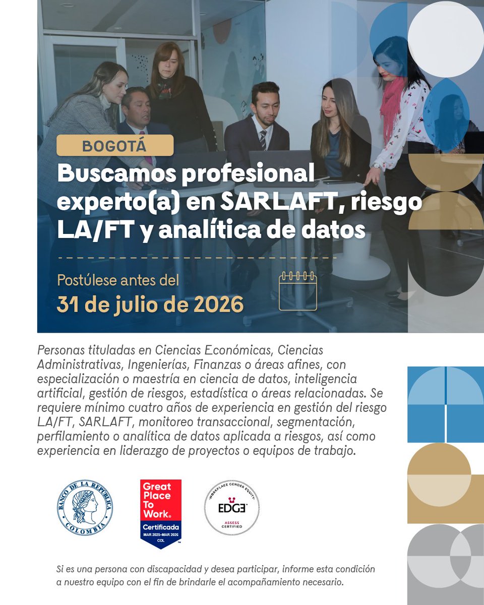 BancoRepublica's tweet photo. ¡Haga parte del #TalentoBanRep y deje huella en Colombia!
Buscamos profesional experto(a) en SARLAFT, riesgo LA/FT y analítica de datos. Postúlese hasta el 31 de julio de 2026, consulte más información 👉 https://t.co/nuW5zS7Vzp
Importante: Las ofertas de empleo del Banco de la República son completamente gratuitas y no se requiere de intermediarios para acceder o participar en las mismas.