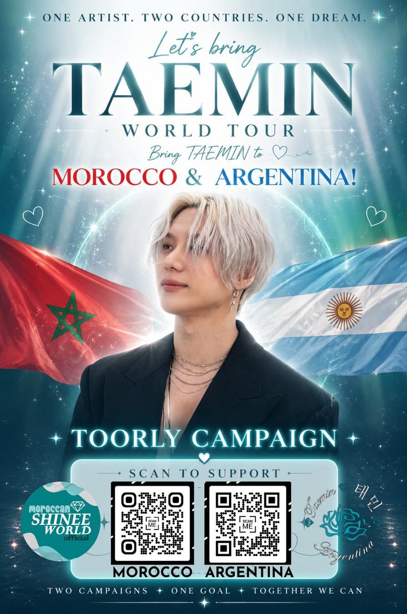 TaeminArgentina's tweet photo. 💙 Two fanbases. One dream.
🇲🇦🤝🇦🇷

Join us in supporting both Toorly campaigns!
Scan both QR codes, sign for Morocco and Argentina, and help us show Taemin how much we want to welcome him.

Every signature counts. Every fan makes a difference. 💙

🇲🇦 🔗 https://t.co/vIxIuffv2I

🇦🇷 🔗 https://t.co/FkmidzI7fk

#TAEMIN #TAEMIN_WORLDTOUR #Toorly #LiminalTour @Taemin_Xoalsox_ @TOORLY @swmaofficial