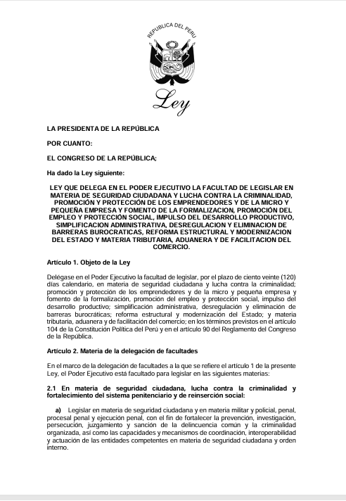 Epicentro_TV's tweet photo. 🔴 Este es el proyecto de ley de delegación de facultades para que el Ejecutivo legisle durante 120 días en materia de seguridad ciudadana, fomento de la formalización, promoción del empleo, desregulación, materia tributaria y otros temas. Accede al documento completo aquí 👇https://t.co/GgIHVAlmNn