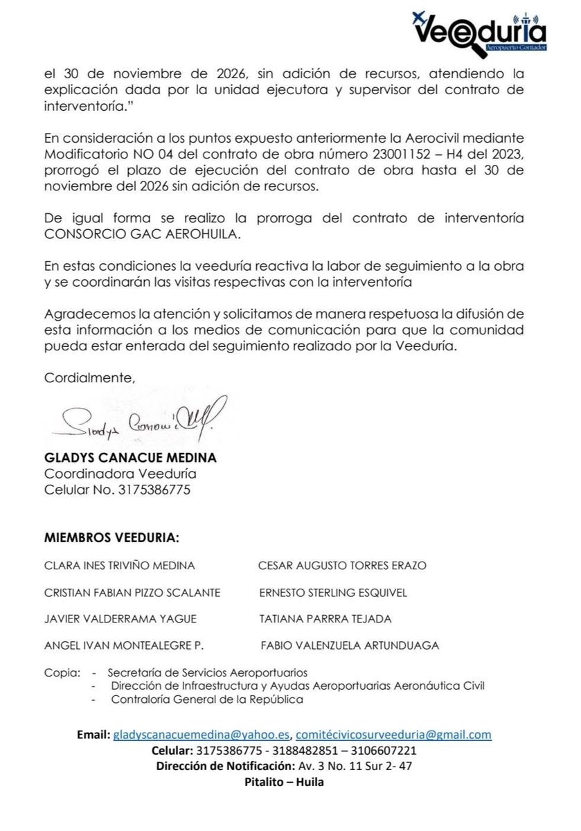 Melquisedec70's tweet photo. Atentos. Otra de la @AerocivilCol 
En diciembre de 2025 debió entregar terminadas las obras de modernización del aeropuerto Contador de Pitalito, valor $39 mil millones obras y $4 mil millones interventoría. No se cumplió.
Tras 5 prórrogas, ahora el plazo se amplió hasta el 30 de noviembre de 2026. 
Aquí el informe de la veeduría ciudadana al proyecto, que es vital para el sur del Huila (arqueología, café, río Magdalena) y el Putumayo.