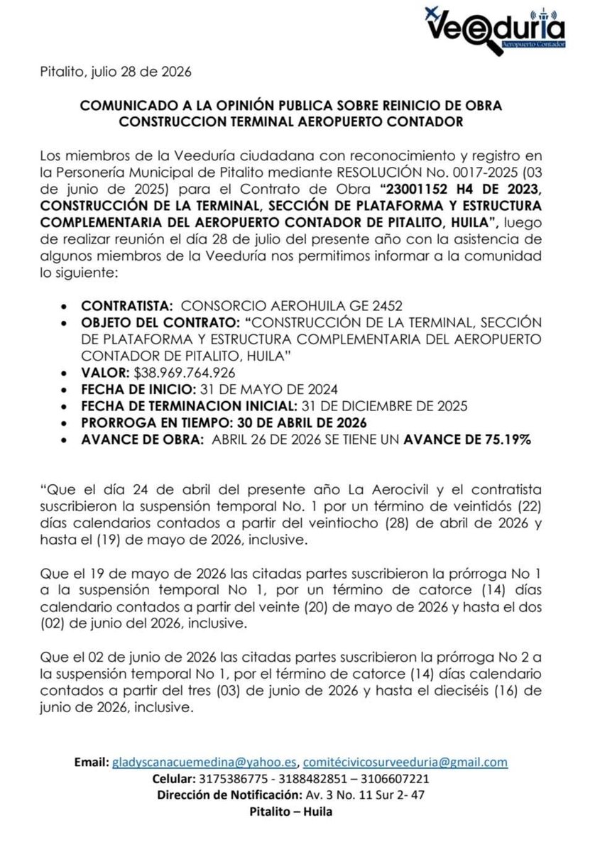 Melquisedec70's tweet photo. Atentos. Otra de la @AerocivilCol 
En diciembre de 2025 debió entregar terminadas las obras de modernización del aeropuerto Contador de Pitalito, valor $39 mil millones obras y $4 mil millones interventoría. No se cumplió.
Tras 5 prórrogas, ahora el plazo se amplió hasta el 30 de noviembre de 2026. 
Aquí el informe de la veeduría ciudadana al proyecto, que es vital para el sur del Huila (arqueología, café, río Magdalena) y el Putumayo.