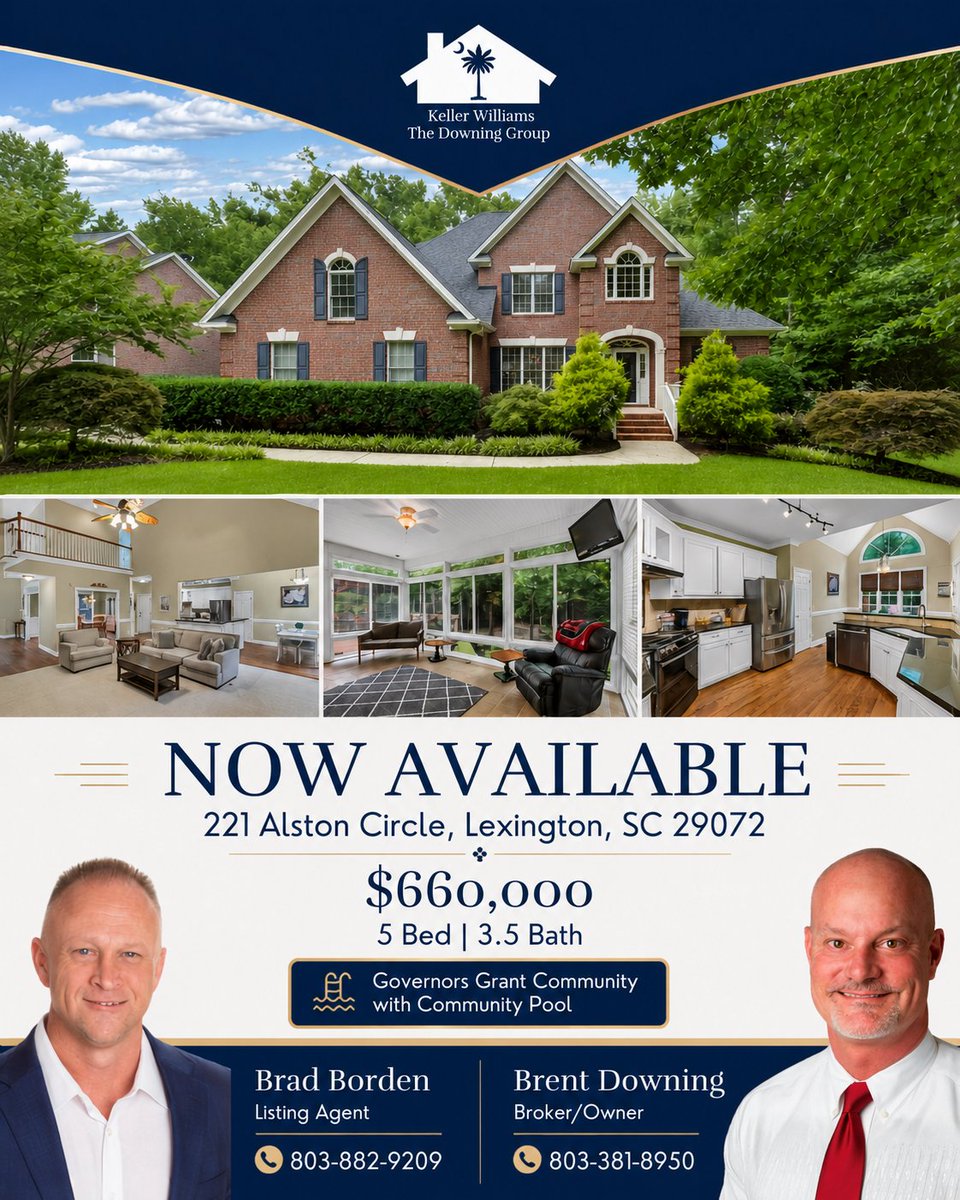 lakewoodbrent's tweet photo. Now available in Governors Grant!
π 221 Alston Circle, Lexington
π‘ 5 beds | 3.5 baths
π° $660,000
π Community pool
Contact listing agent Brad Borden at 803-882-9209 or The Downing Group at 803-381-8950.
#LexingtonSC #RealEstate #GovernorsGrant https://t.co/vfcU7CoOdG