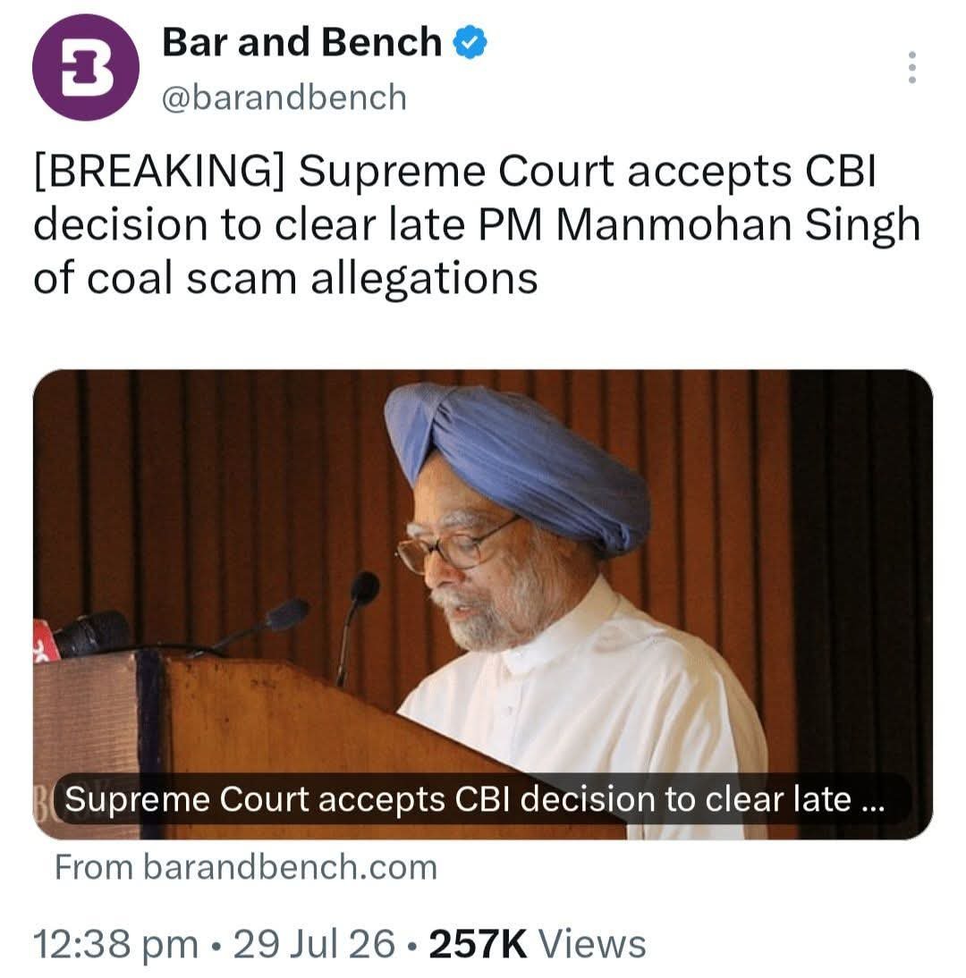 _amitbehere's tweet photo. Well it's been very clear for a long time than Dr. Manmohan Singh was badly maligned and disrespected by BJP, even AAP and even the common citizens. And the biggest culprit being the bhadwa Godi media.

We didn't need SC's "clean chit" today.

These 12+ years of Modi are our prayaschitta and punishment for that wrong-doing. 

Dr. Manmohan Singh, deepest apologies. The best PM of India certainly in my lifetime.