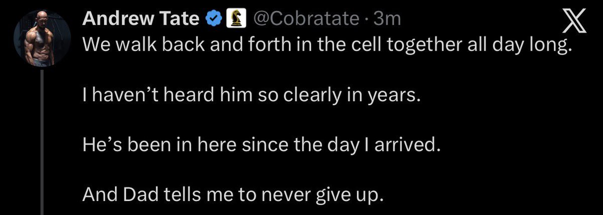 primetateHQ's tweet photo. 🚨JUST IN: Andrew Tate says he can see and hear his father inside his jail cell since the day he arrived. 😳❤️‍🩹

“We walk back and forth in the cell together all day long.

I haven't heard him so clearly in years.

He's been in here since the day I arrived.

And Dad tells me to never give up.”