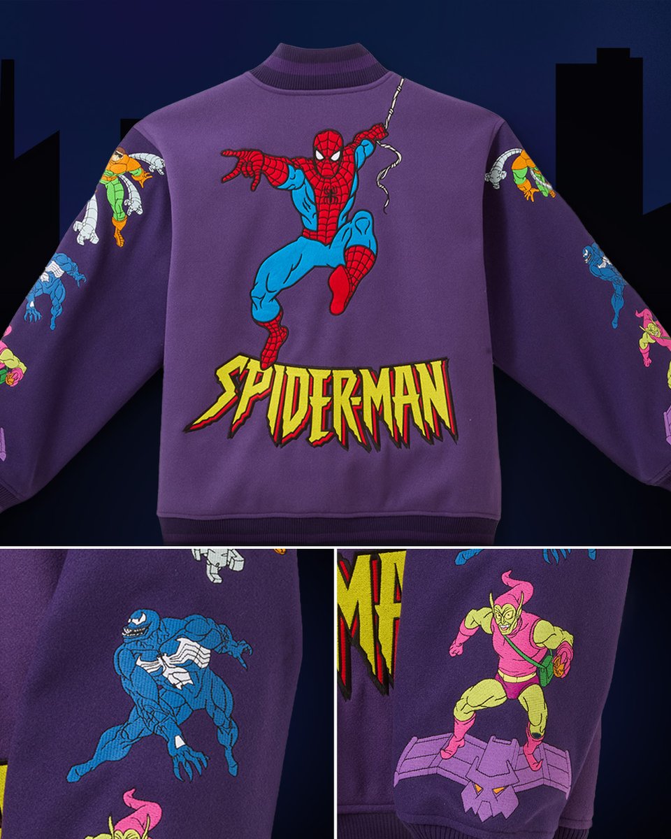 disneystore's tweet photo. THWIP! Cakeworthy has spun a webbed wonder for dedicated Spider-Man fans. Capture this retro jacket and its cast of famous Spidey foes on August 1. 🕸️🕷️ https://t.co/nB9vM3JmIG