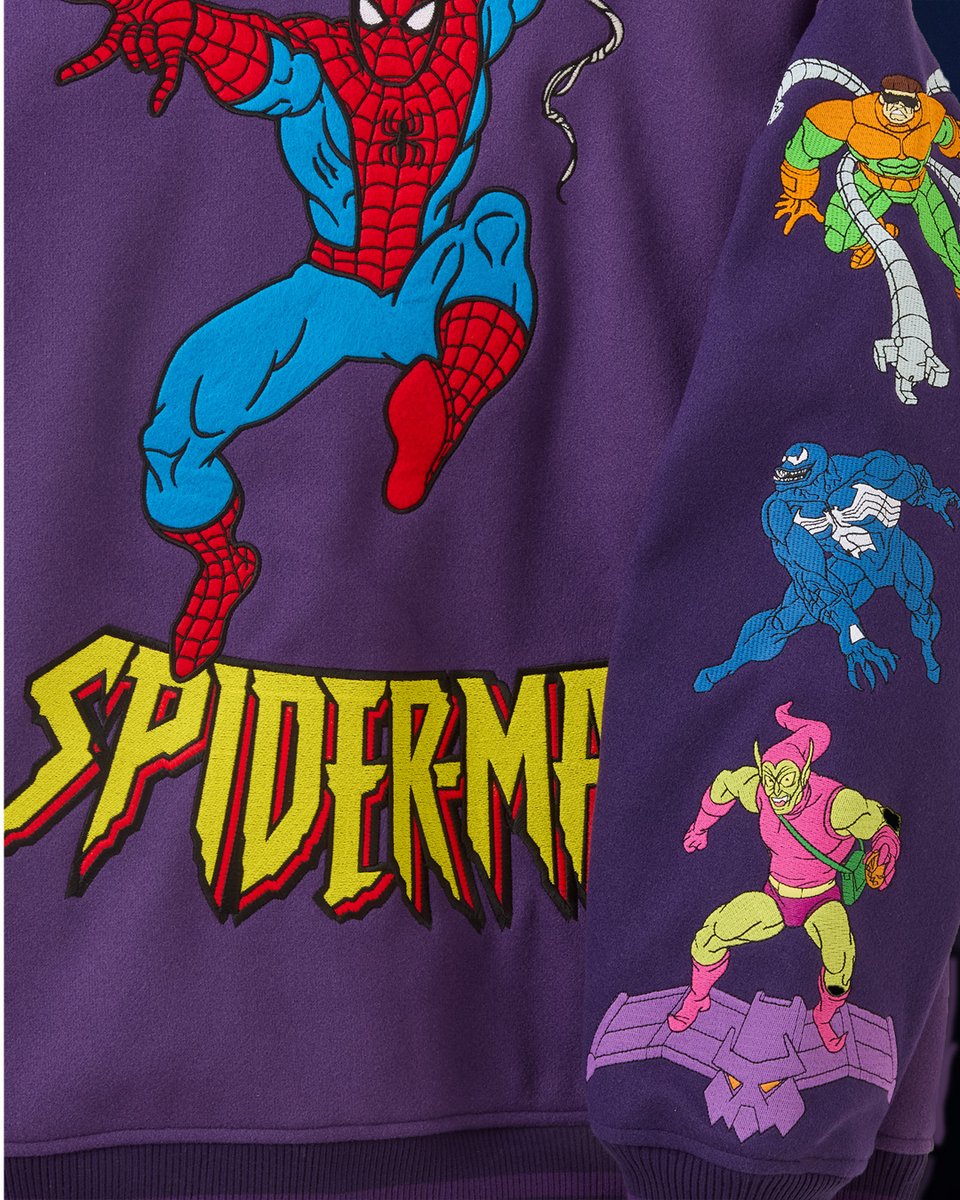 disneystore's tweet photo. THWIP! Cakeworthy has spun a webbed wonder for dedicated Spider-Man fans. Capture this retro jacket and its cast of famous Spidey foes on August 1. 🕸️🕷️ https://t.co/nB9vM3JmIG