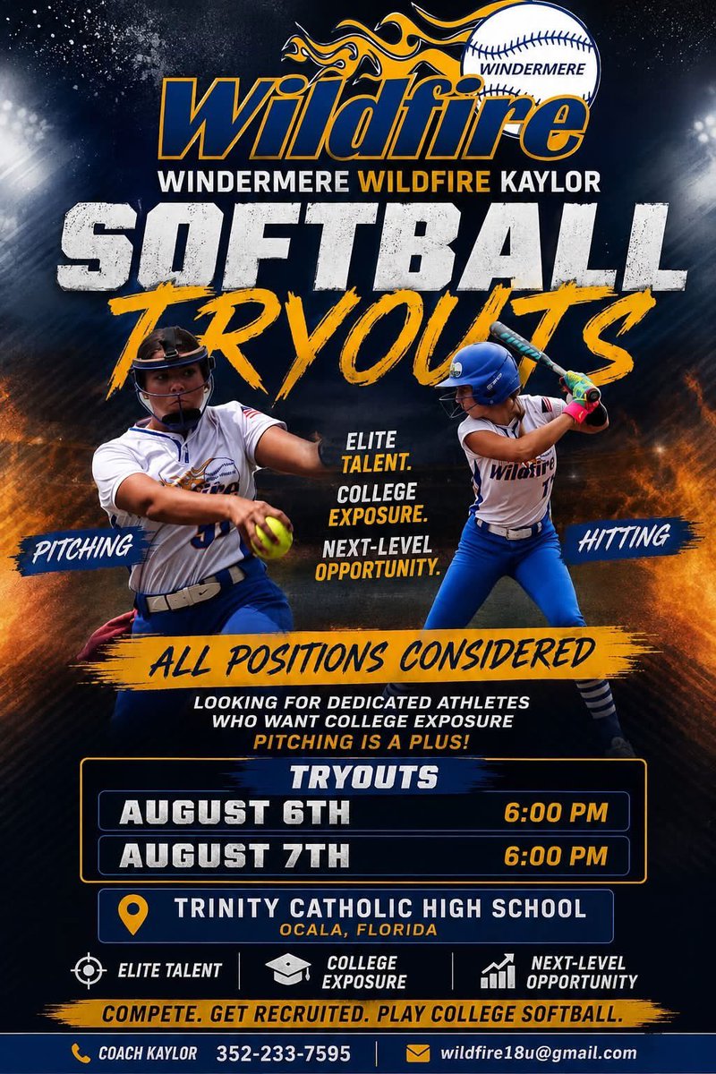 Wildfire18u's tweet photo. If your goal is to play softball at the next level, this is your opportunity.

Tryout Dates:
August 6 | 6:00 PM
August 7 | 6:00 PM

📍 Trinity Catholic High School
Ocala, Florida

Train. Compete. Get Recruited. @ExtraInningSB @THEWOWSB https://t.co/4u1Ig47LsQ