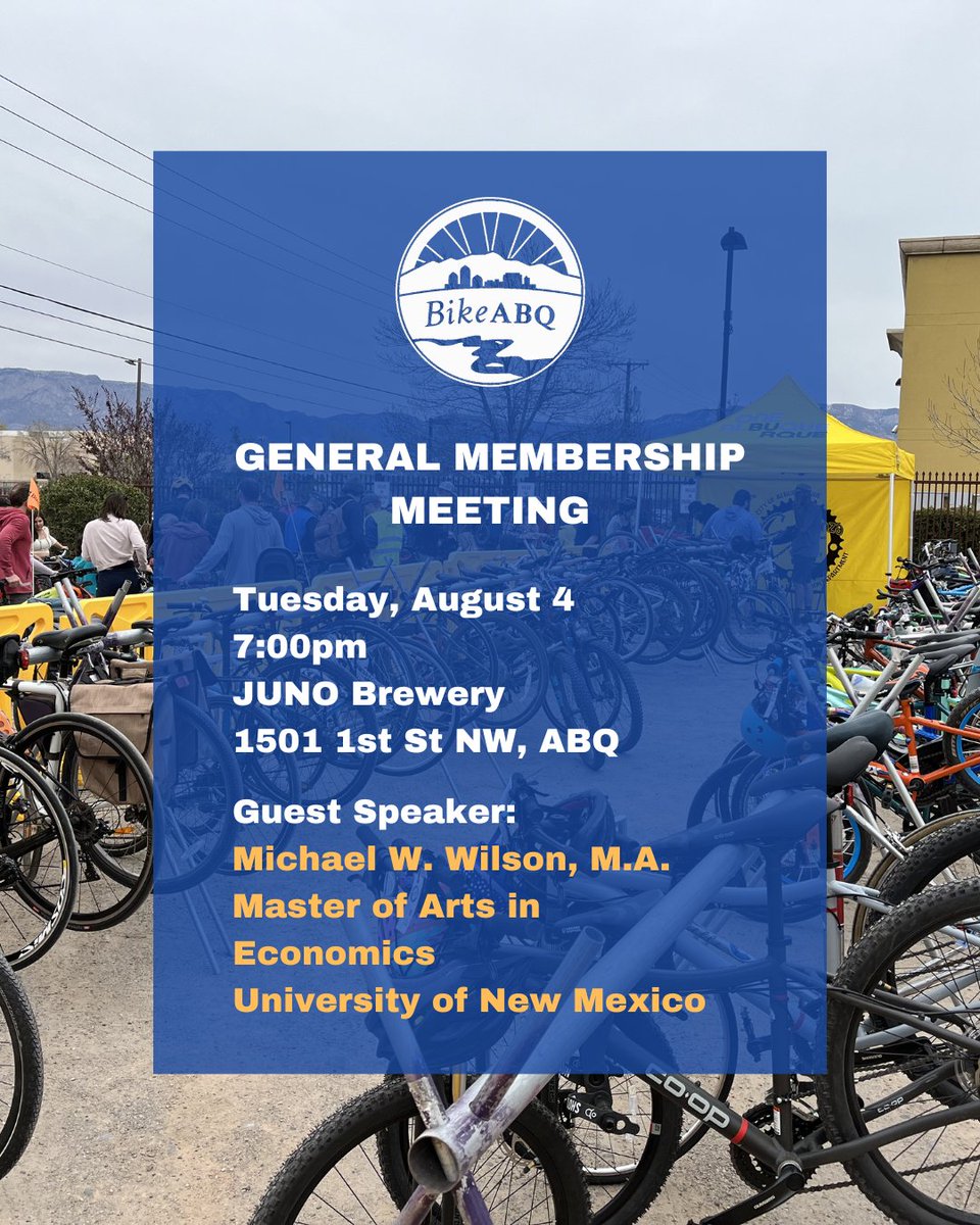 BikeABQ's tweet photo. Join us next Tuesday at 7pm for our General Meeting at Juno!

Guest speaker will be Michael W. Wilson, M.A. Come hear Michael share his expertise on public finance and join the conversation about issues that impact bicycling in ABQ.

Secure bike parking is available inside. https://t.co/cnrU6kBbvj
