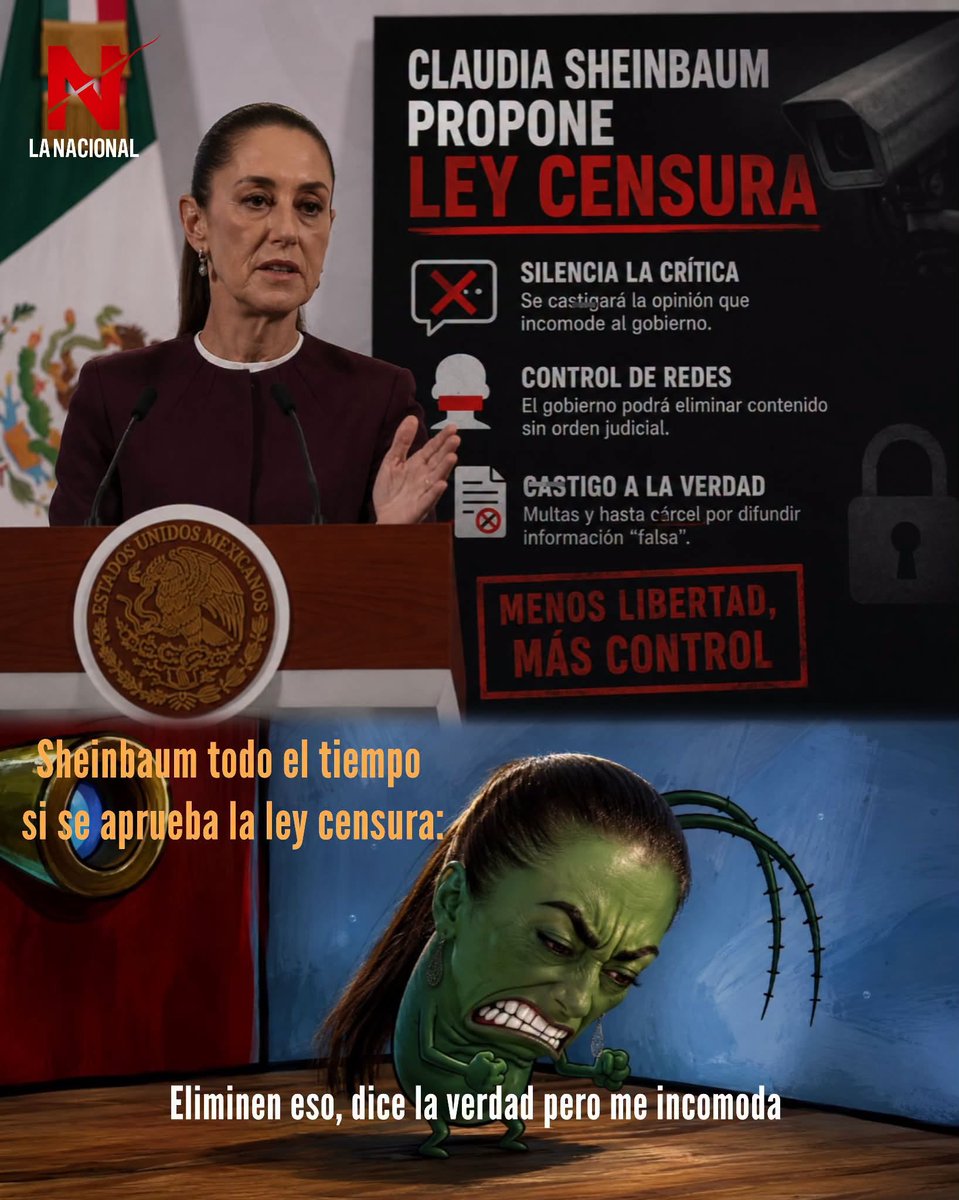 jose_anbriz's tweet photo. ¿SE ACERCA LA CENSURA EN MÉXICO? 
Claudia Sheinbaum presentó hoy nuevos lineamientos para regular a los medios bajo el pretexto de "derechos de las audiencias".
 Por ahora solo aplican a radio y TV, pero la propia presidenta ya dijo que se "revisará" extenderlos a la prensa escrita y a las redes sociales.

El riesgo es claro: si el mismo gobierno decide qué información es "falsa" o "descontextualizada", cualquier crítica a Sheinbaum o a Morena podría catalogarse como desinformación y ser sancionada.

No es un árbitro neutral. 

Es el propio gobierno poniéndose como juez de lo que se puede decir sobre él.

Hoy es "solo una revisión". Mañana puede ser la puerta abierta a censurar a quien lo critique