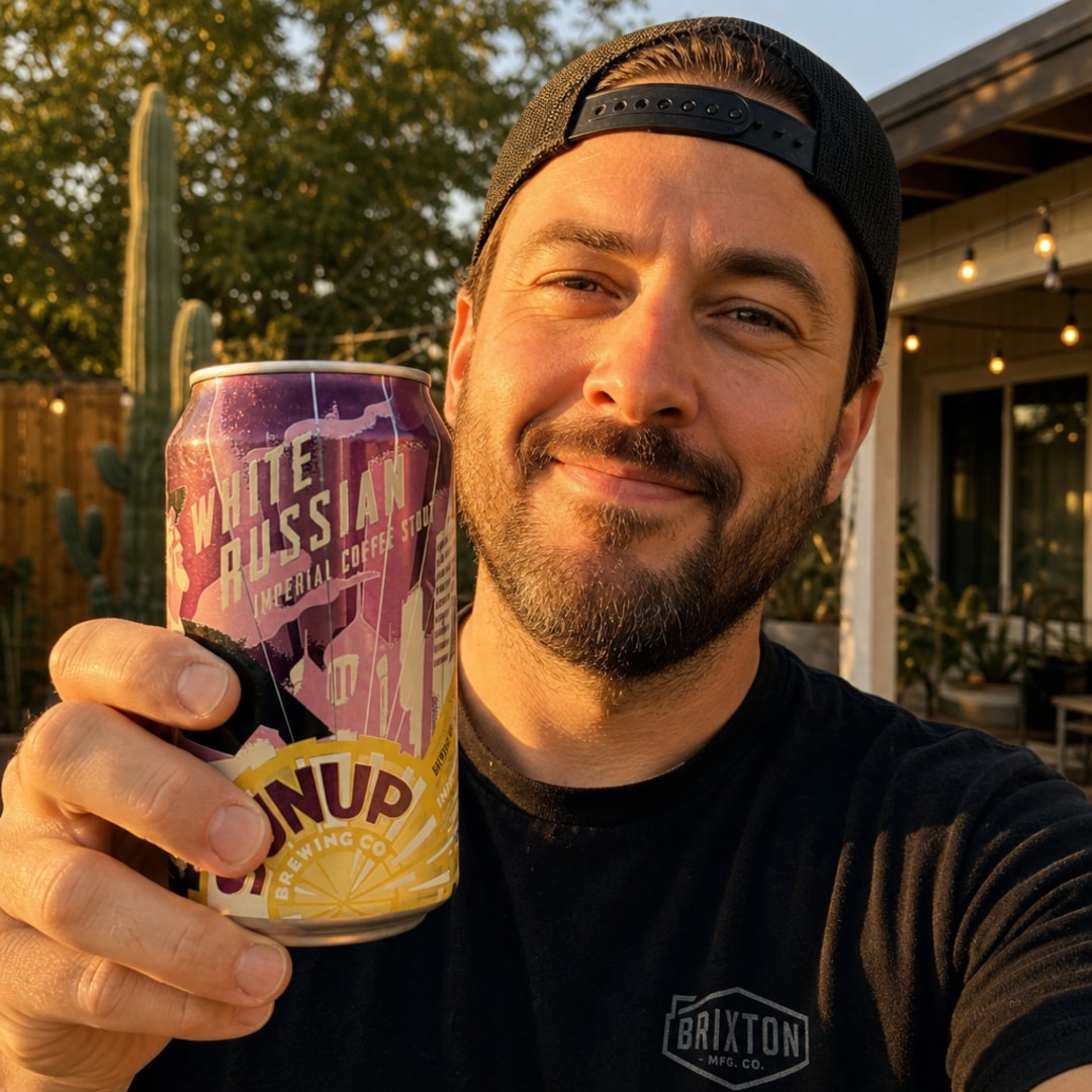 sunupbrewing's tweet photo. Backyard light, off-center selfie, cold can in hand. That’s the whole pitch. Real beer moment, no polished nonsense. Just an Arizona evening and a SunUp that looks right at home in it. What’s your go-to backyard pour? #SunUpBrewing #ArizonaBeer #DrinkLocalAZ #CraftBeerLife https://t.co/ZrEWDaovjS