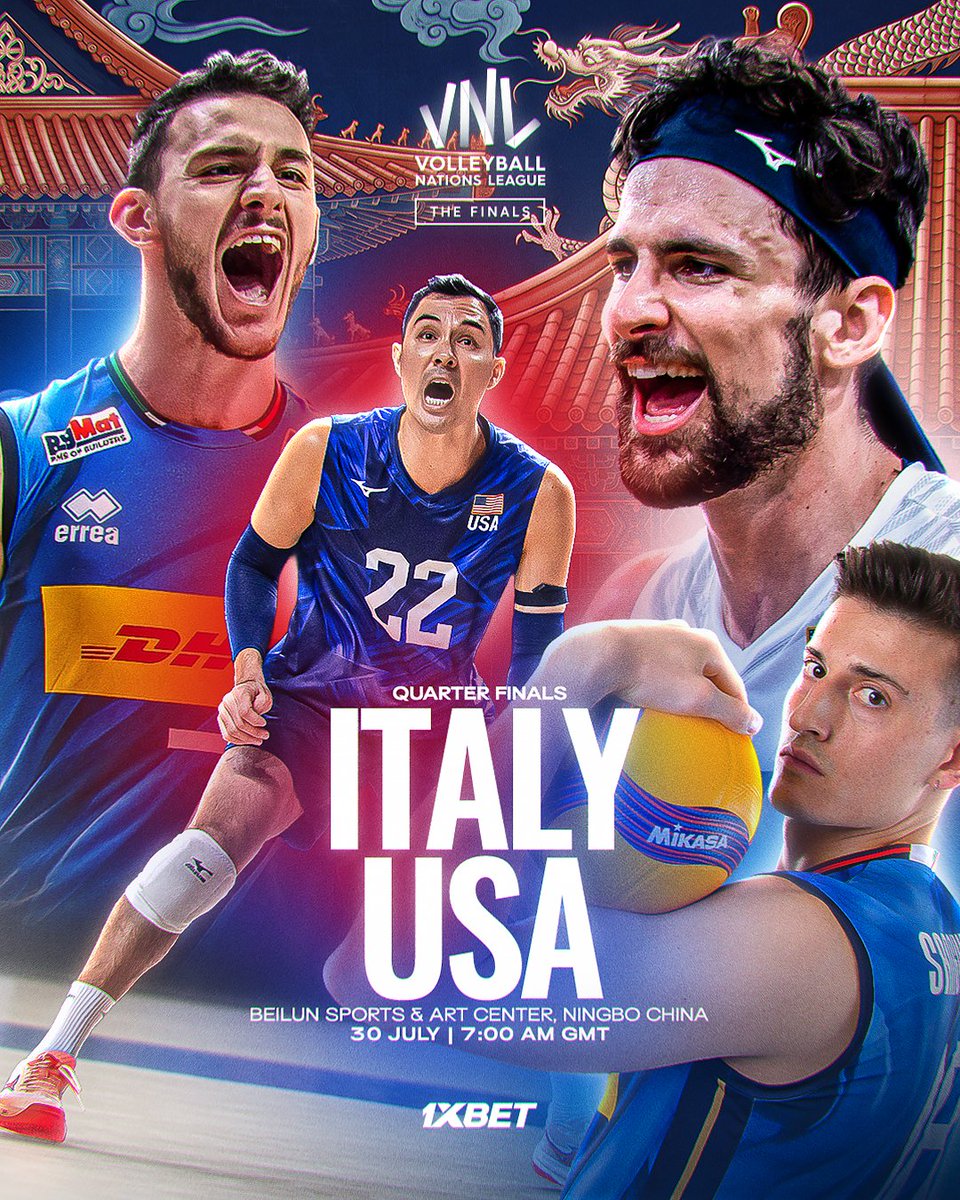 volleyballworld's tweet photo. #VNL2026: 🇮🇹🇺🇸 ONLY ONE MOVES ON 🔥

Italy 🇮🇹 and the United States 🇺🇸 meet with a place in the Men's VNL Finals semifinals on the line. 🏆

Two volleyball powerhouses. One spot in the final four. 👀

➡️ Visit @1xBet_Eng 🔗 https://t.co/kmnQruz64m
📅 Schedule: https://t.co/IKKwW9fUy8
📺 Watch LIVE: : https://t.co/4mj2q2zYrc
🎟️ Tickets: https://t.co/fV1Om7luCj

🏐 #BePartOfTheGame #Volleyball
