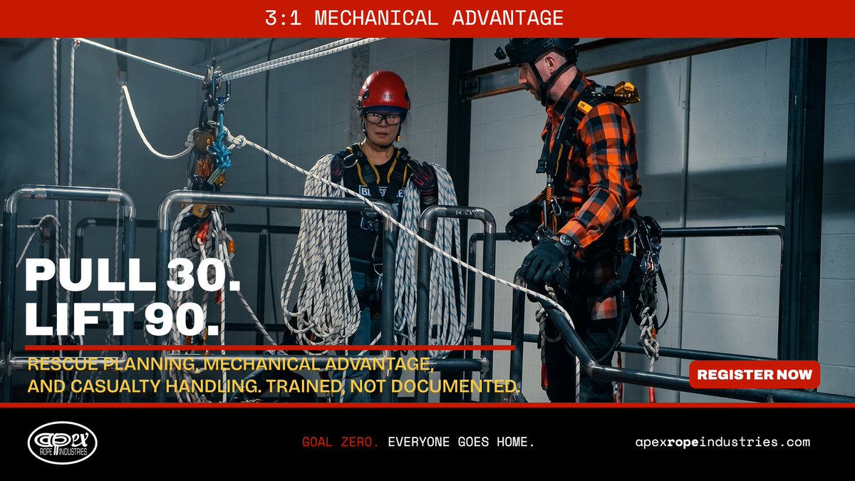APEXropeInd's tweet photo. 30 kg of pull. 90 kg of lift. That's a 3:1 haul system: rope, pulleys, progress capture. Friction takes a cut, so you never get the whole number back — which is exactly why you train it before you need it.

Rope Rescue Operator. Calgary.  Register today: https://t.co/Ic9HmjWLlB
#RopeRescue #IRATA
