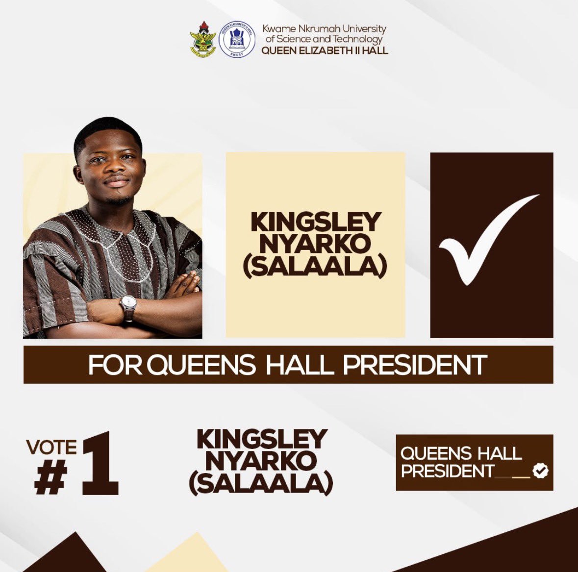 Noticeboardgh's tweet photo. 📍📍KNUST HALL ELECTIONS 2026📍📍

Master Kingsley Nyarko (Salaala) has been elected as the Queens Hall President for the 2026/2027 Academic Year.

Serve well Mr. President.
#KNUST #KNUSTHallElections #NBGHELECTIONHQ https://t.co/HIAH60bdUF