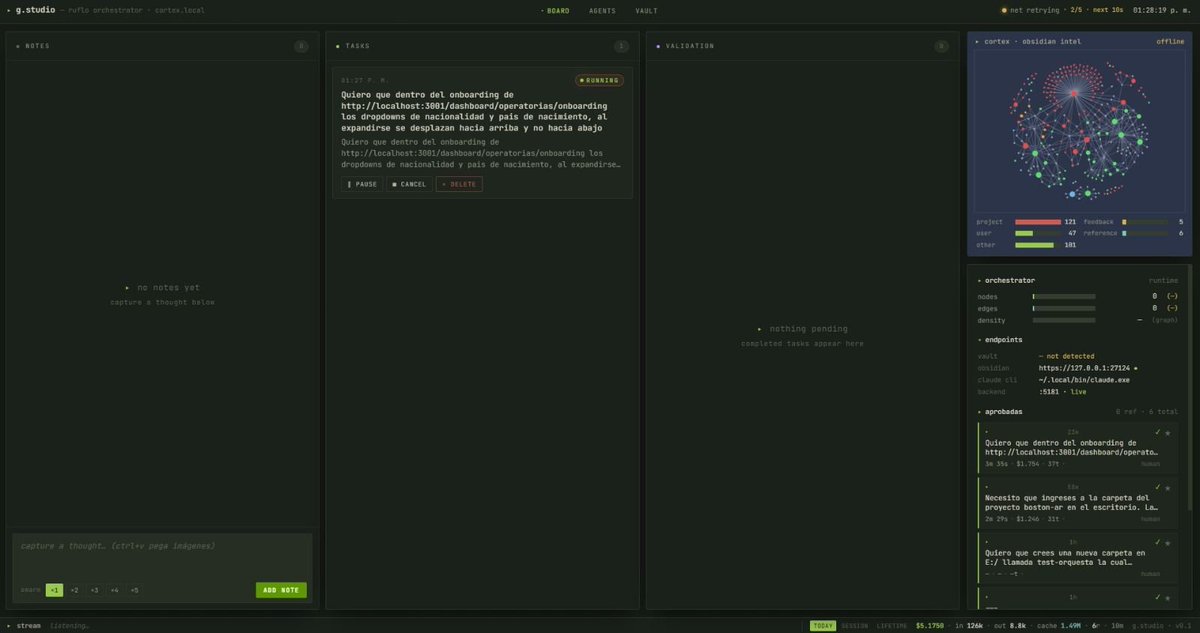 _espada4's tweet photo. @sickdotdev Porque no estas en el ambiente correcto. Yo tengo un orquestador de agentes conectado a mi base de conocimiento vibecodeado.Hasta 10 agentes en simultaneo, visualización en tableros para las tareas, sistema de nodos para correr tareas sandbox subagenticas, 10 agentes = 2gb de ram https://t.co/OAz1BctZge