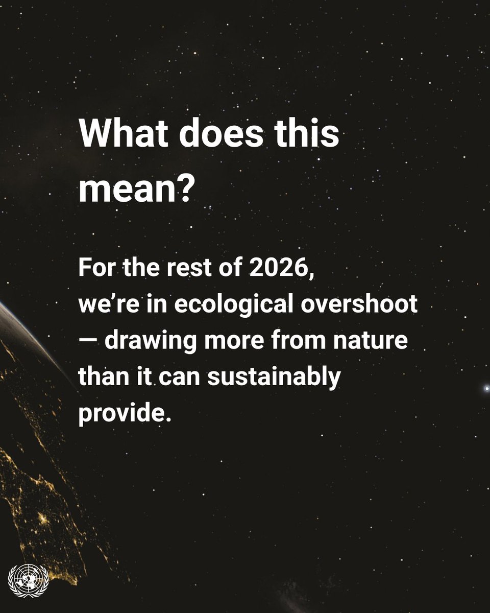 UN's tweet photo. As of Thursday, the world has already used up more resources than can be renewed this year.

“We can still change course — but only if we #ActNow,” says @antonioguterres.

From recycling to reducing food waste and driving less, each of us can help build a more sustainable world. https://t.co/iKBVZIonRQ