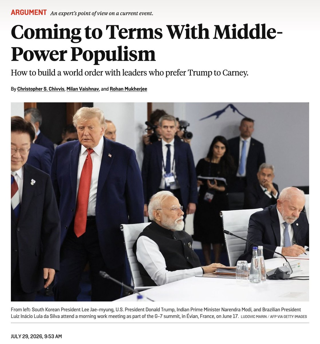 MilanV's tweet photo. New in @ForeignPolicy: @CChivvis, @rohan_mukh &amp; I  address the troubling fact that many middle powers--and the right-wing populists who run them--find Donald Trump’s vision for the world more compelling than Mark Carney’s. https://t.co/SXtBoekbkk https://t.co/x2y8IIq2jx
