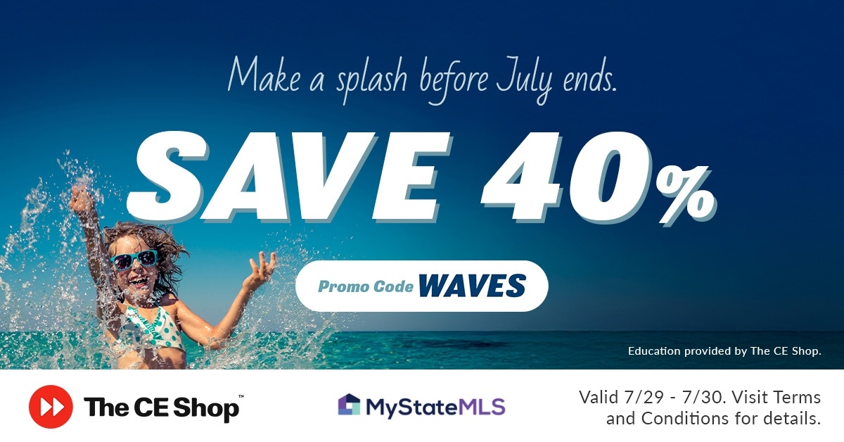 mystatemls's tweet photo. Make waves before the month ends!

For two days only, save 40% on Pre-Licensing and Continuing Education when you visit https://t.co/FfQdy70Zcu and use code WAVES. 

Invest in your future while these limited-time savings last. Offer valid 7/29–7/30. 

#realestatecourses #realestatecareer #continuingeducation #realestateagent #realestate
