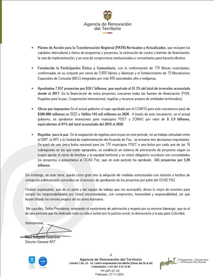 Rauldelgado58's tweet photo. Presenté mi carta de renunia irrevocable, a partir del 6 de agosto próximo, al cargo de Director de la Agencia de Renovación del Territorio (ART). Doctor @petrogustavo, fue un honor hacer parte de su equipo de trabajo y haber tenido la confianza suya durante todo el periodo del Gobierno del Cambio. Muchas gracias señor Presidente.
Agradezco a los compañeros y compañeras de la ART su compromiso y responsabilidad. También agradezco el reconocimiento a la gestión adelantada,  por parte  de los liderazgos étnicos y comunitarios de los territorios PDET. Gracias de todo corazón.