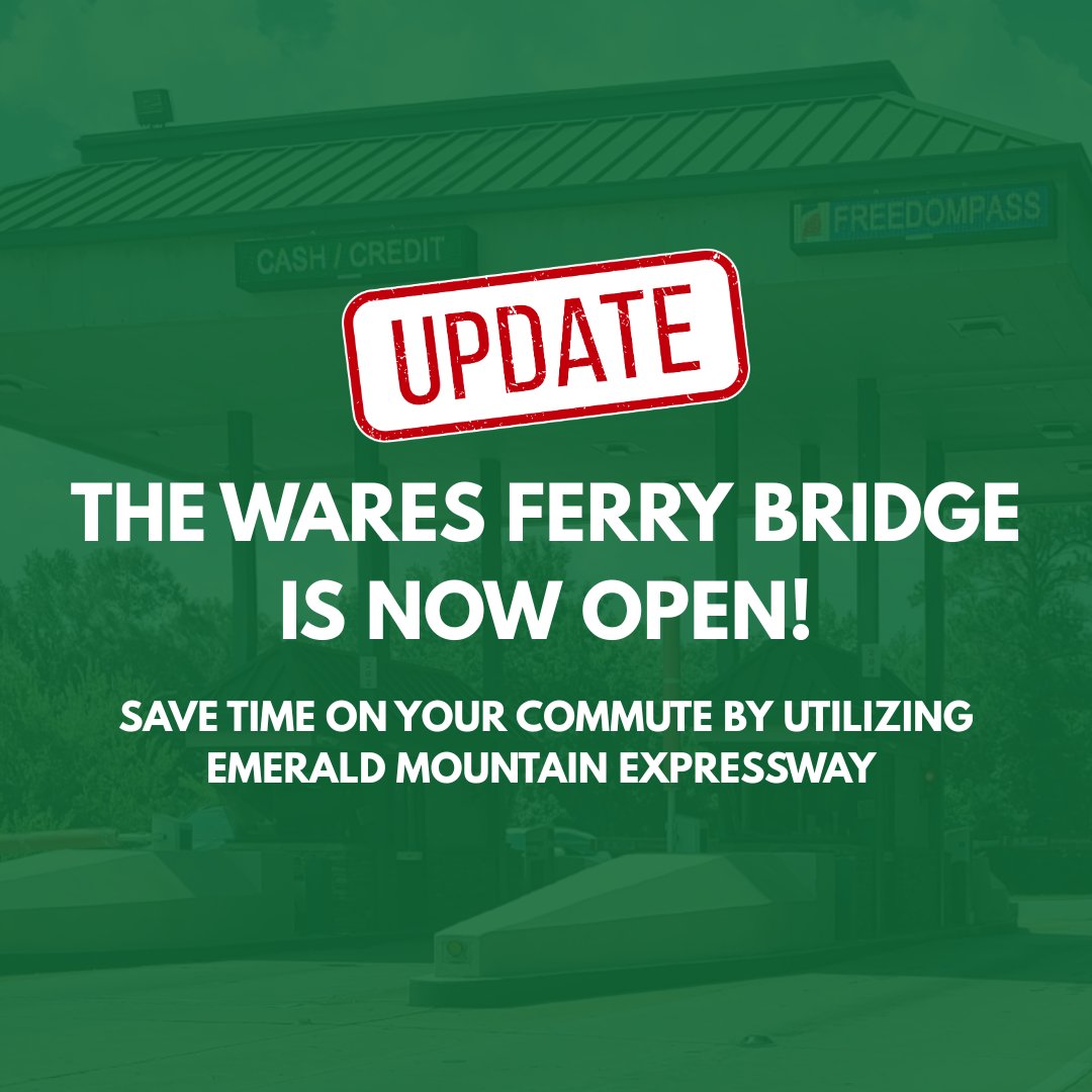 emxalerts's tweet photo. Attention! The Wares Ferry Bridge is open again after being closed for repairs! Save time on your commute when you utilize the Emerald Mountain Expressway to travel from Wetumpka to Montgomery. https://t.co/qLJ3lHhrN5