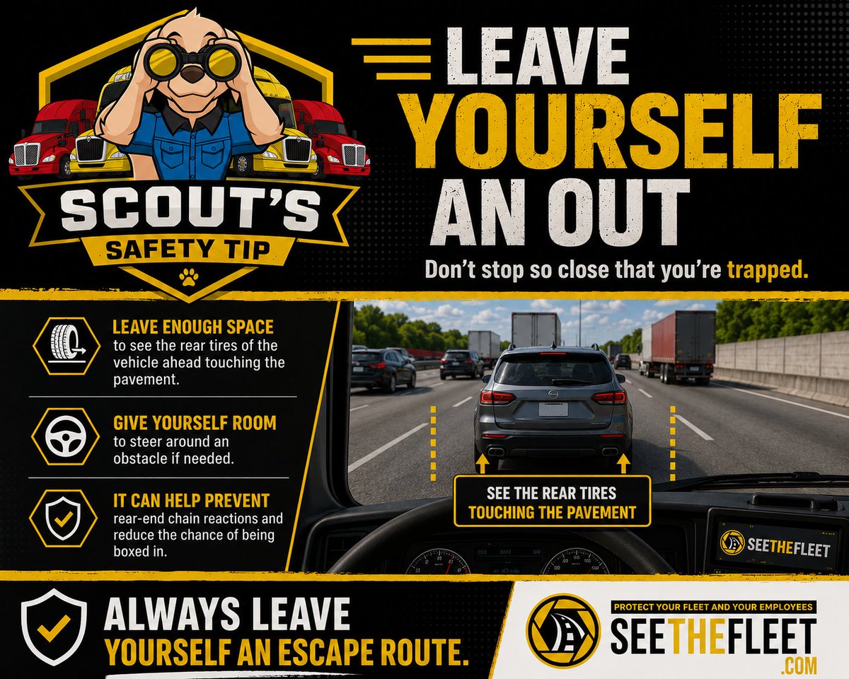 seethefleet's tweet photo. Scout's Safety Tip

Leave yourself an out.

When stopped in traffic, leave enough space to see the rear tires of the vehicle ahead touching the pavement. That extra space can give you room to react if something unexpected happens.

#FleetSafety #DriverSafety #SeeTheFleet https://t.co/YQikpnp3hv