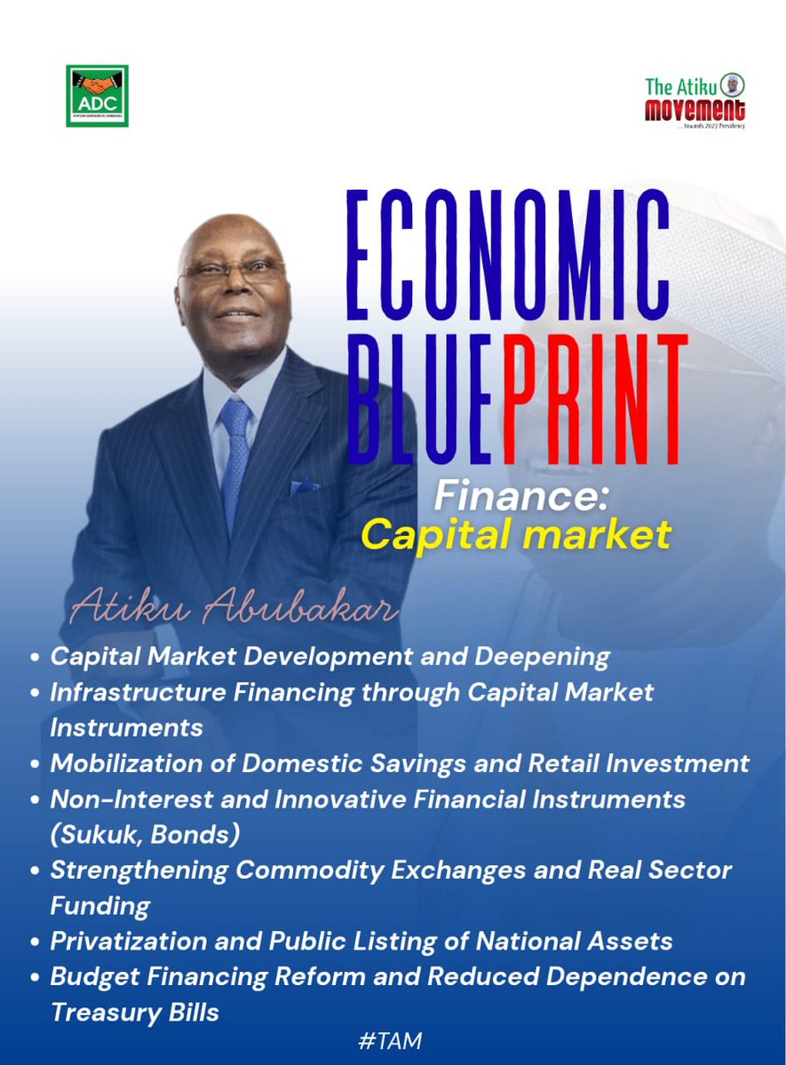 Atiku_MV's tweet photo. Our roadmap for "Finance: Capital Market" focuses on key pillars to transform and revitalize our national economy.
#TheAtikuMovement #TAM #EconomicBlueprint #CapitalMarket #NigeriaFirst #FinancialReform https://t.co/LPai7KV8ph