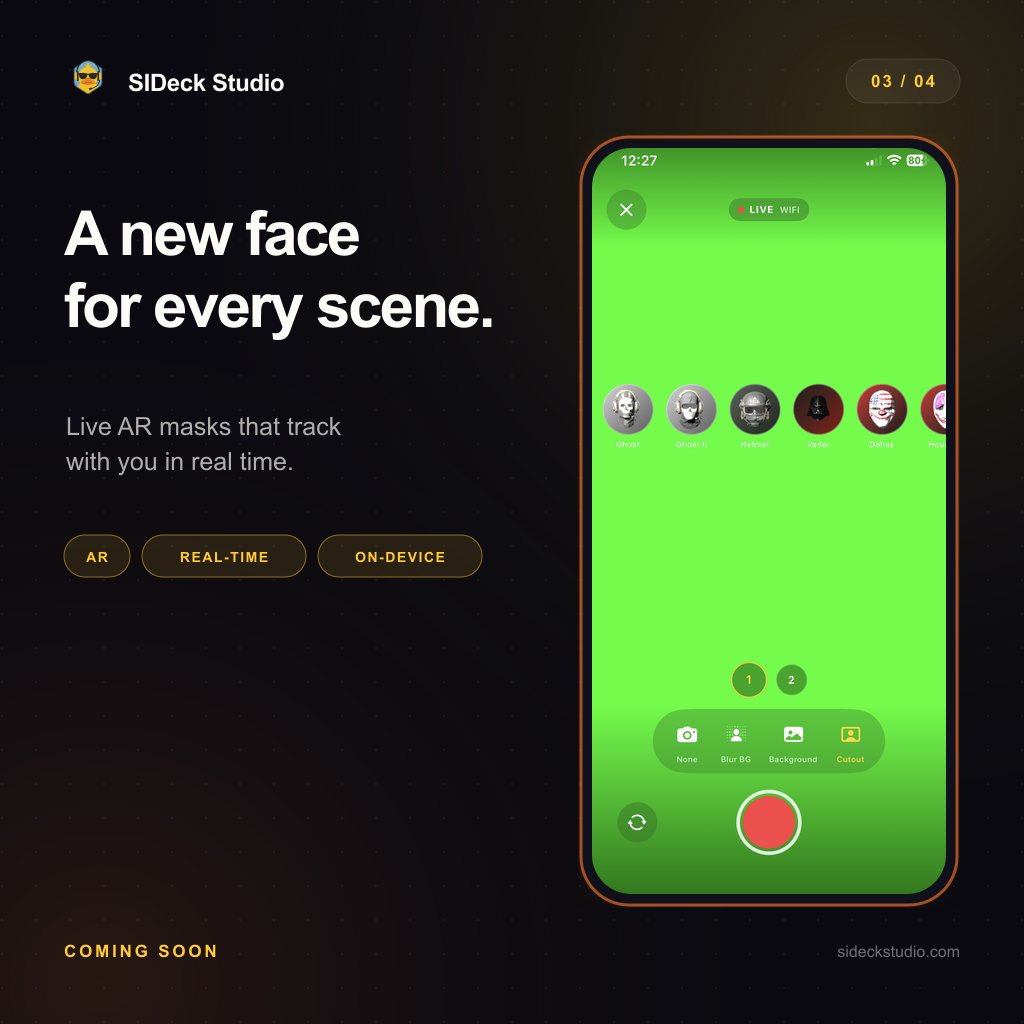 SIDeckStudio's tweet photo. Your stream is getting a new face. 👻
Live AR masks that track your face in real time—right from your iPhone and straight into OBS.
Serious stream optional. 😄
Coming soon to SIDeck Studio.
#OBSStudio #AR https://t.co/kcoTFXUACq