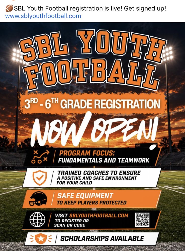 SBL_Supt's tweet photo. SBL Youth Football Registration is open. https://t.co/MdGG2ozgH6