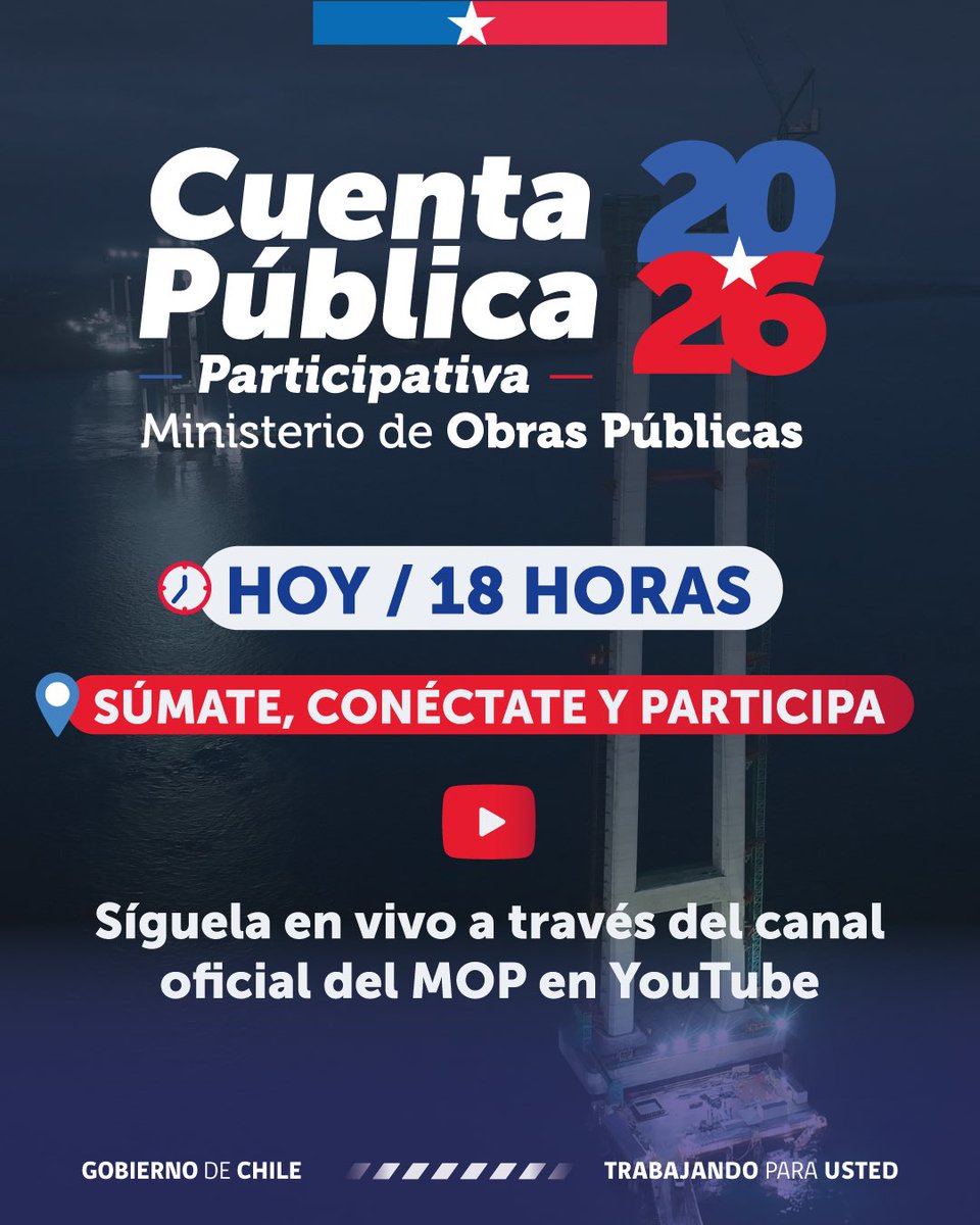 mop_chile's tweet photo. Las obras públicas son más que solo cemento y estructuras. Son oportunidades y crecimiento.

A partir de las 18 hrs, el biministro de Grange presentará la Cuenta Pública desde la región de Los Lagos: Chonchi, la Isla de Chiloé.

Síguela en vivo desde el canal del MOP en YouTube. https://t.co/vMlXSW9pxK