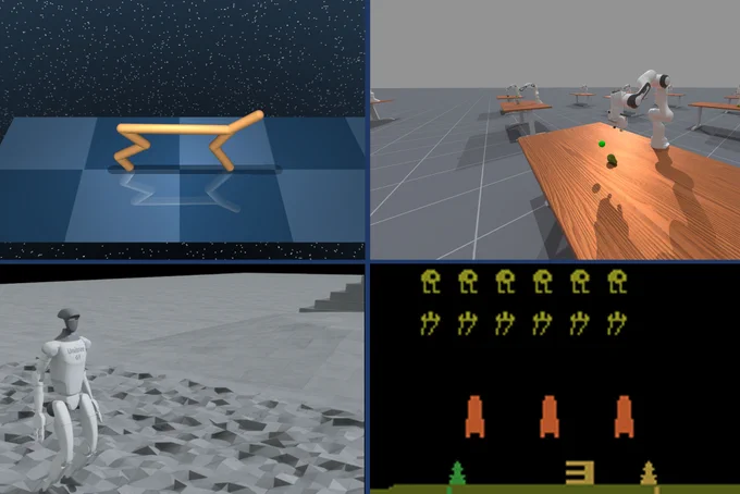 Collage showing robotics simulations and a video game environment used to evaluate an AI training method developed by University of Toronto researchers.