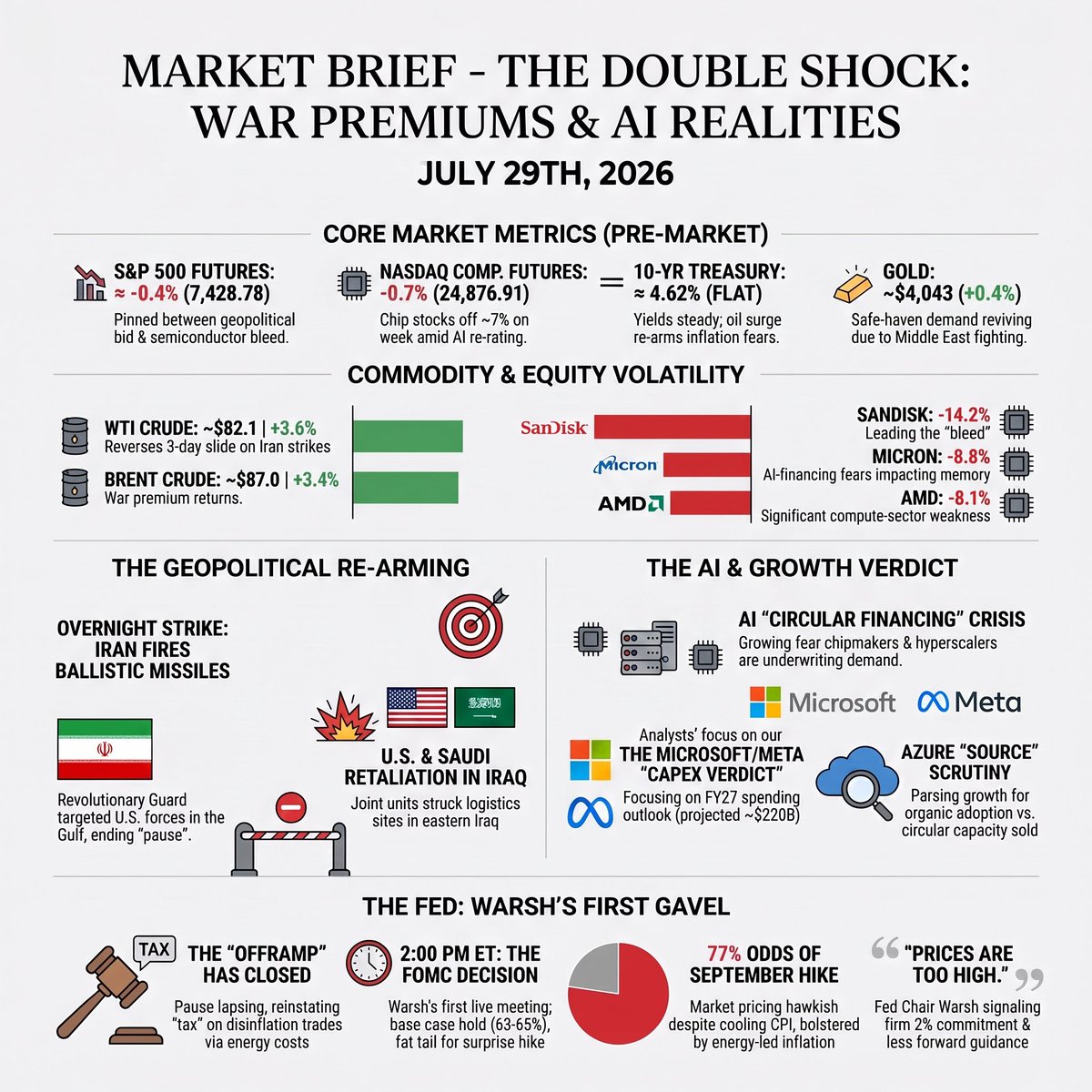 _alphadesk's tweet photo. Desks are trading an incredibly unusual tape today. While a welcome pause in Middle East hostilities has dragged crude lower to provide broad inflation relief, the respite is being entirely erased by a brutal, cross-border liquidation across the high-flying semiconductor sector.

Tech indices are taking the brunt of the damage, with the Nasdaq falling 1.0% to 24,932.08. The broader S&P 500 is holding flat at 7,413.18 as non-AI industrial value and small-caps step in to stabilize the tape.

Seoul's Kospi collapsed nearly 10% overnight. Memory giants Samsung and SK Hynix sparked a global hardware de-rating, plunging 14% and 13% respectively.

Long positions are facing a deep credibility test following reports that $NVDA is discussing up to $250 billion in financing guarantees for an @OpenAI data center project. Analysts are aggressively scrutinizing this cross-underwriting loop, questioning whether hyperscaler chip demand is organic or structurally manufactured.

Federal Open Market Committee kicks off its highly anticipated two-day policy session today. Fixed-income desks have aggressively pushed the market-implied odds of an immediate, surprise interest rate hike up to 36% (up from 28% last week) as newly seated Fed Chair Kevin Warsh presides over his first live meeting.

The baseline target range remains frozen at 3.50% to 3.75%, but the central bank faces a structural dilemma. Aggressive 10% to 12.5% import tariffs across 60 global trading partners are acting as a permanent cost-push goods inflation vector that policymakers cannot afford to ignore.

Crude oil sliding a third straight day to cross below the $80.10 handle on regional diplomacy, safe-haven gold is idling, while $BTC has completely shed its safe-haven narrative to trade as a pure high-beta risk asset, falling 2.8% to break local support at $63,400.

If Kevin Warsh delivers a sternly hawkish warning today or if Microsoft’s cloud revenue fails to justify its massive capex run rate, institutional de-risking will accelerate, sending the tech-heavy index down an additional 3.5% to break its summer lows. Consequently, this double macroeconomic shock will likely cause $BTC to break its immediate $63,000 stabilization zone, triggering a swift automated margin flush down to test structural support at the $59,500 baseline.